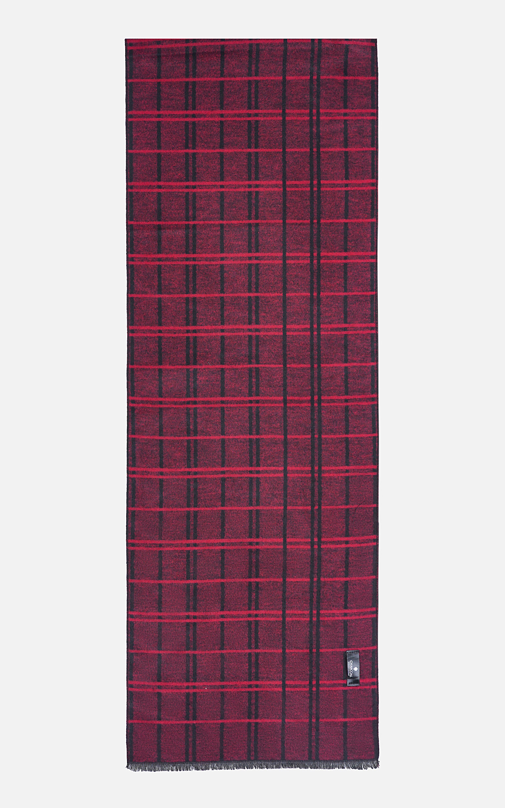 Plaid scarf in burgundy with dark grid lines, long fringed edges and corner tag