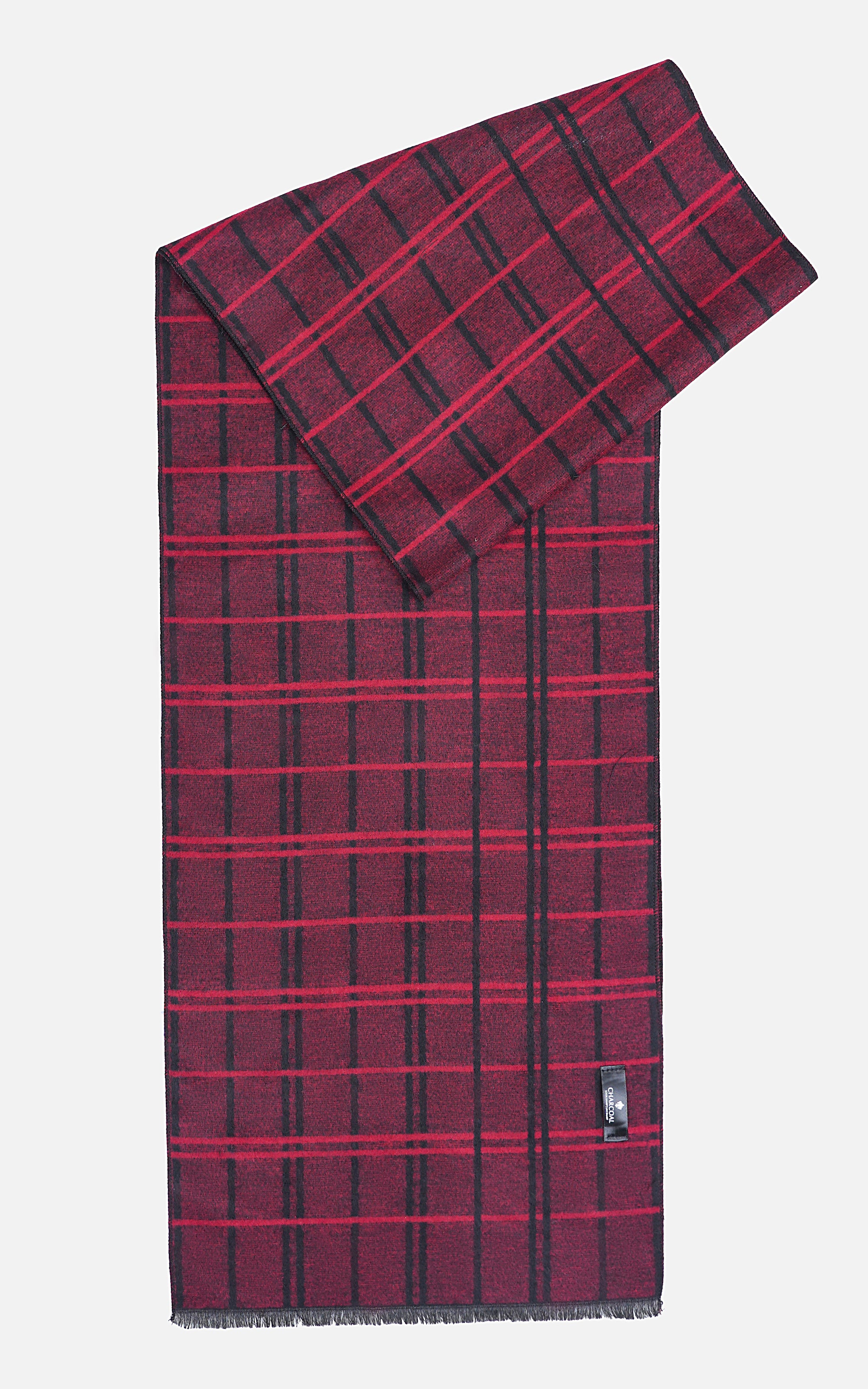 Plaid scarf in burgundy with dark grid lines, fringed ends and stitched label