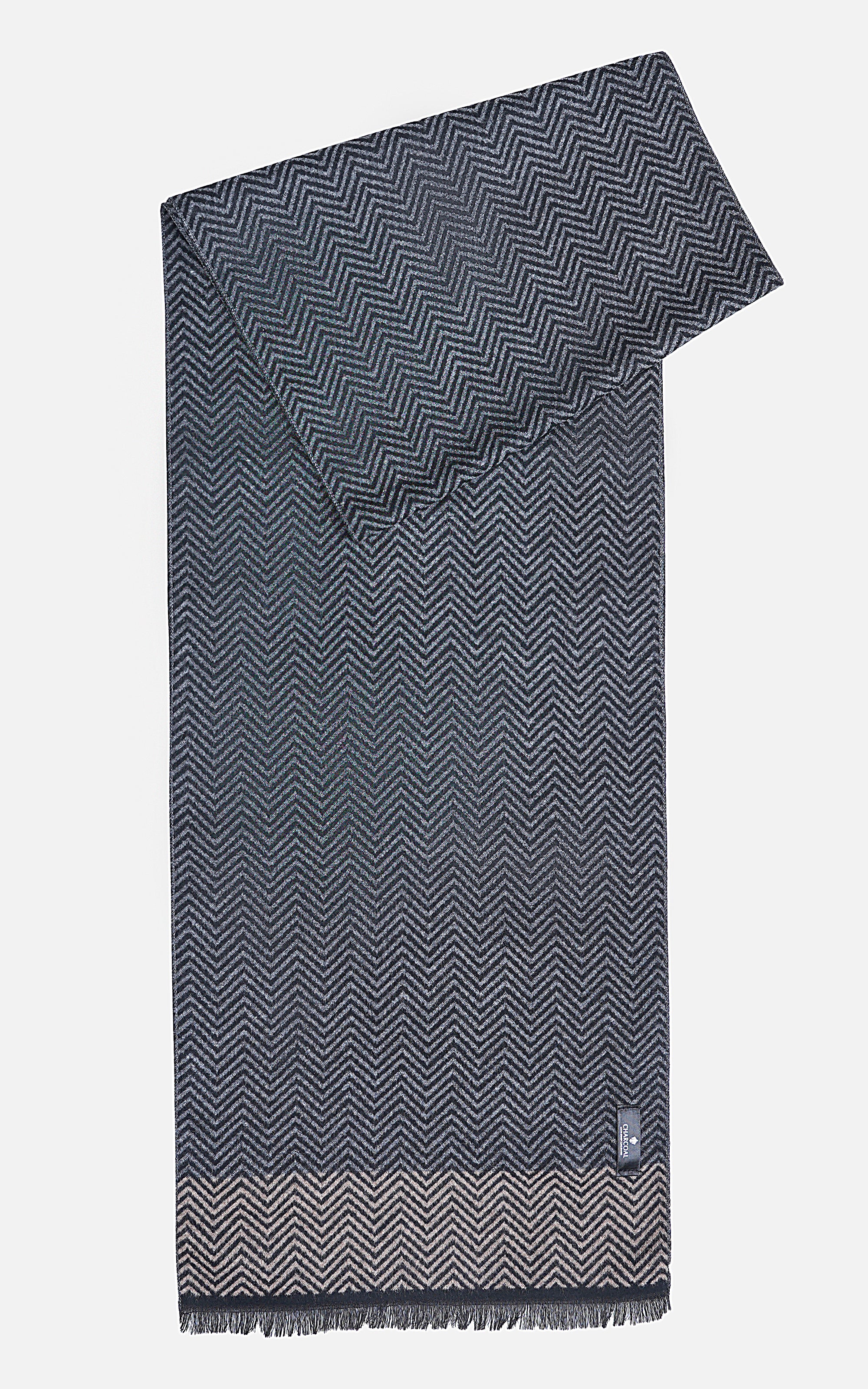 Dark navy chevron scarf, angled view, fringed hem