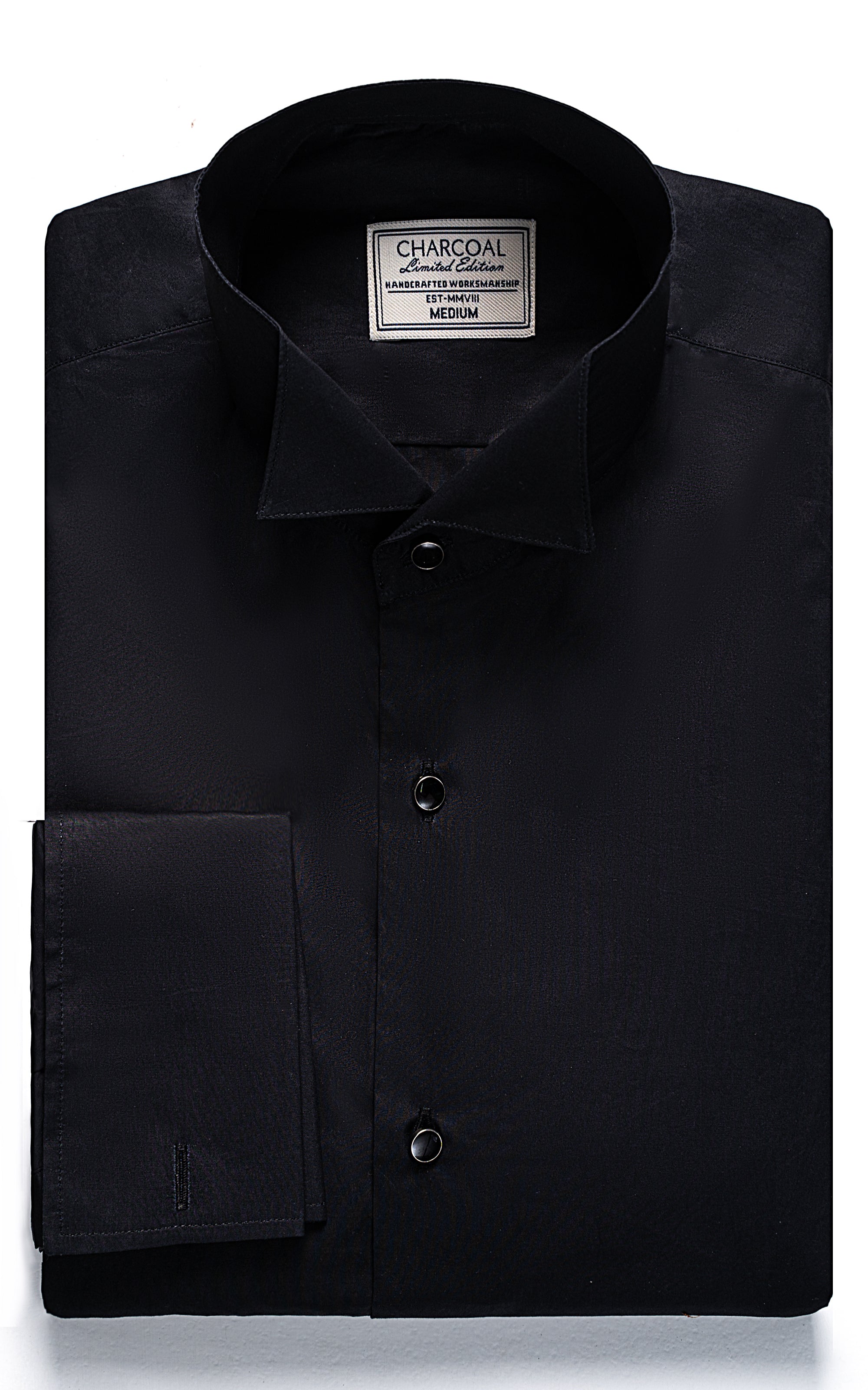 Black wing-collar dress shirt with button front and matching cuff