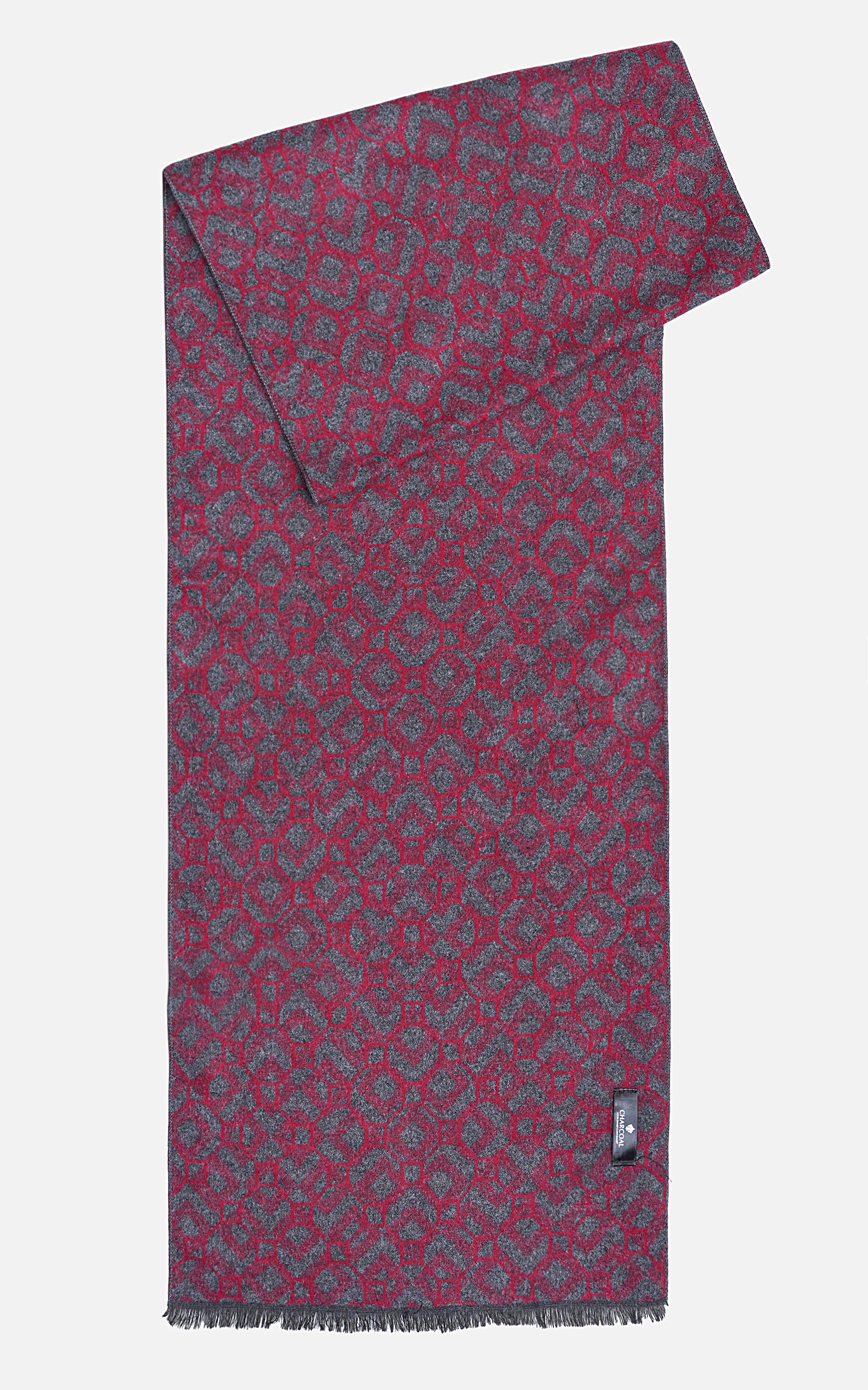 Scarf with maroon geometric motif and teal accents, fringed hem and corner label