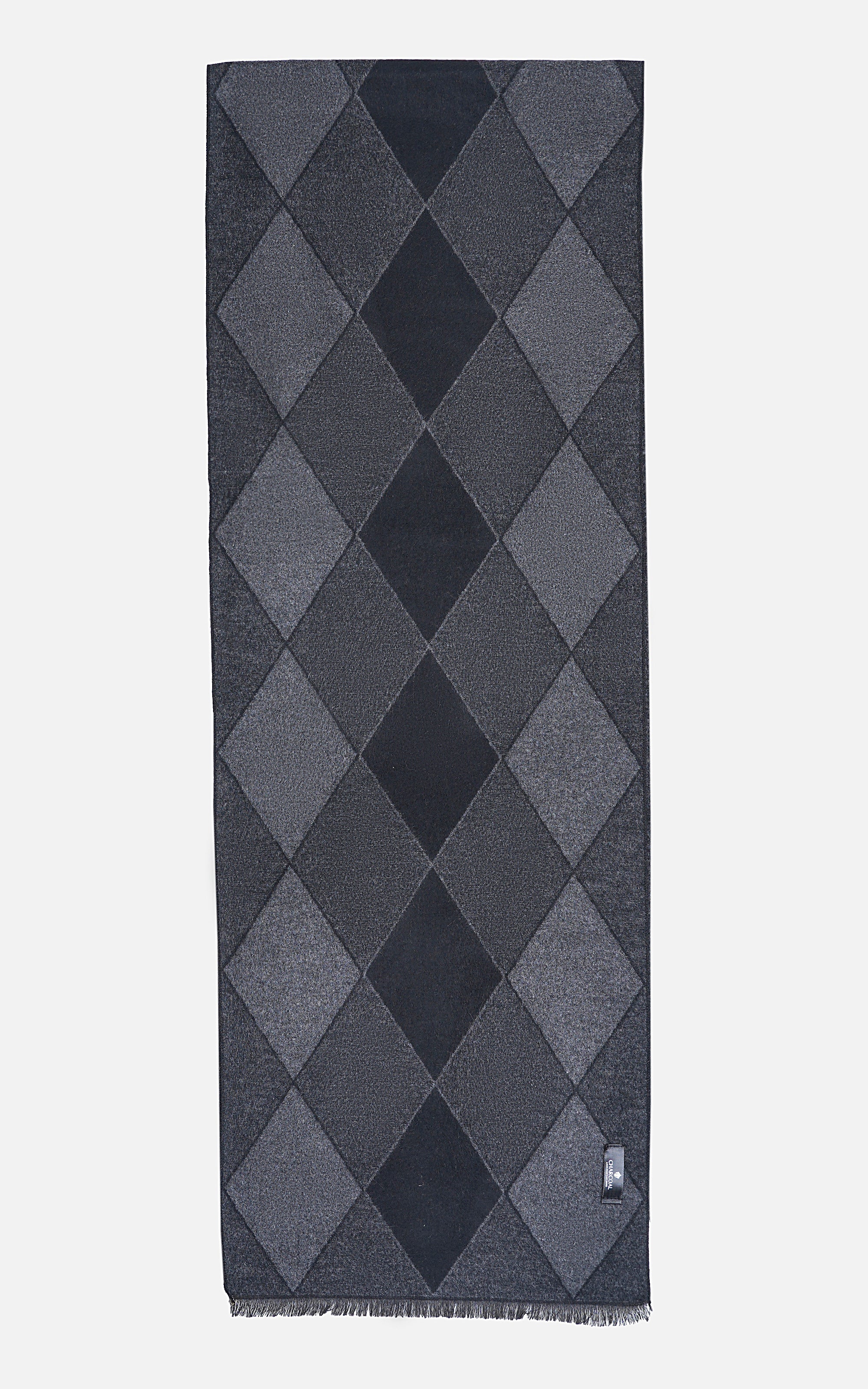 Argyle scarf in dark gray with diamond pattern and fringed ends