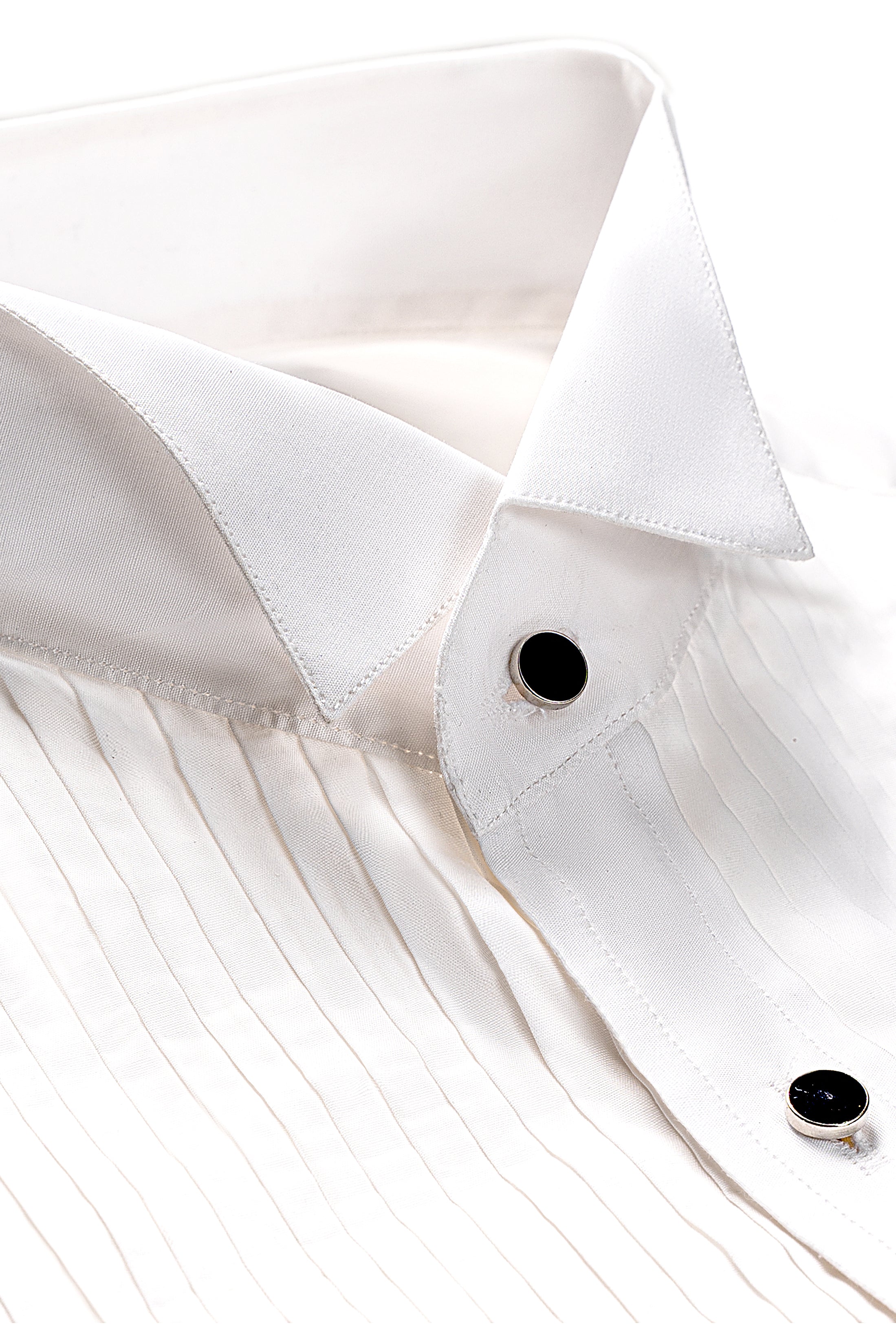 White dress shirt collar and buttoned front placket close-up