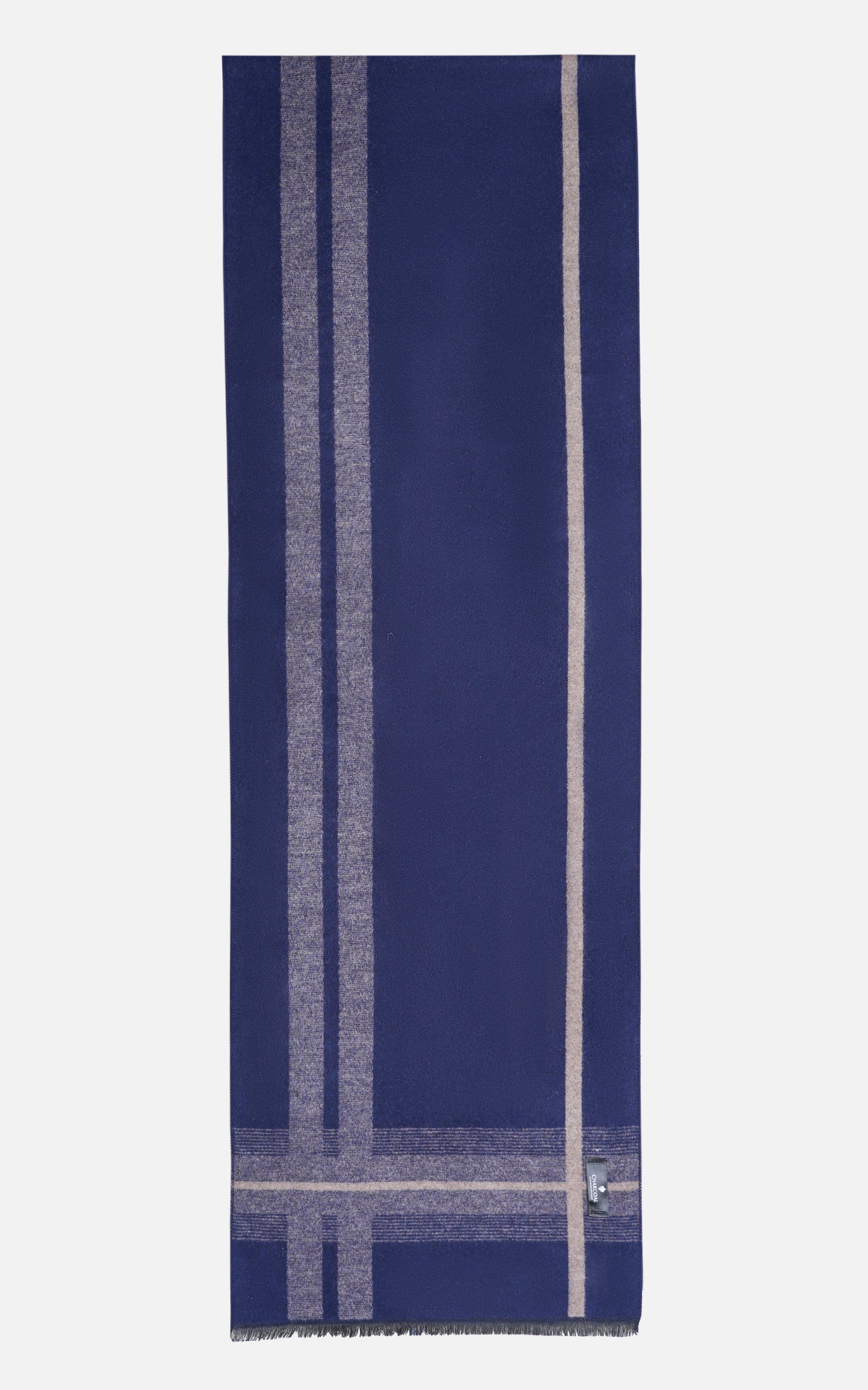 Blue scarf with vertical light stripes and fringed hem edge