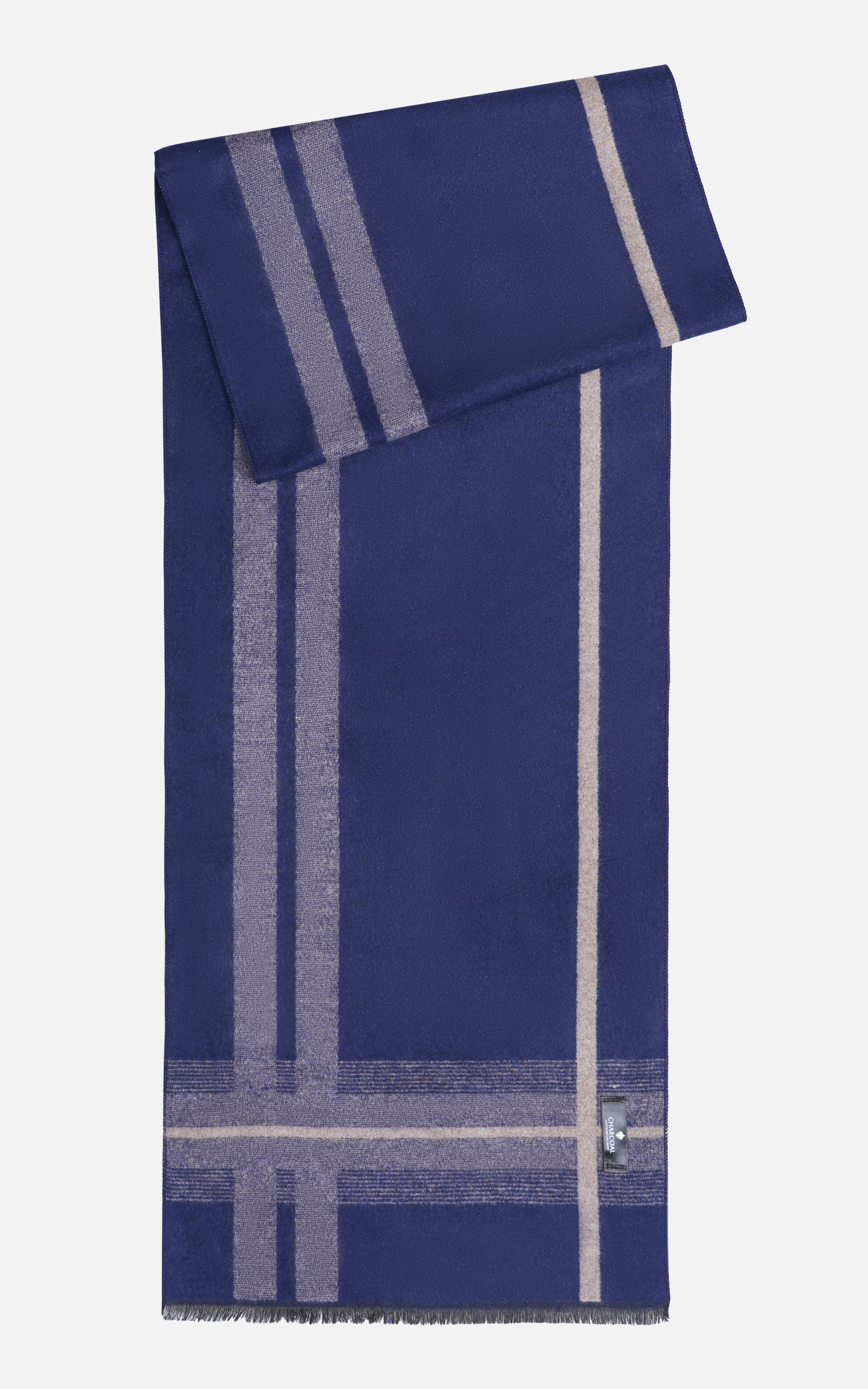 Blue scarf draped with vertical light stripes and fringed edge