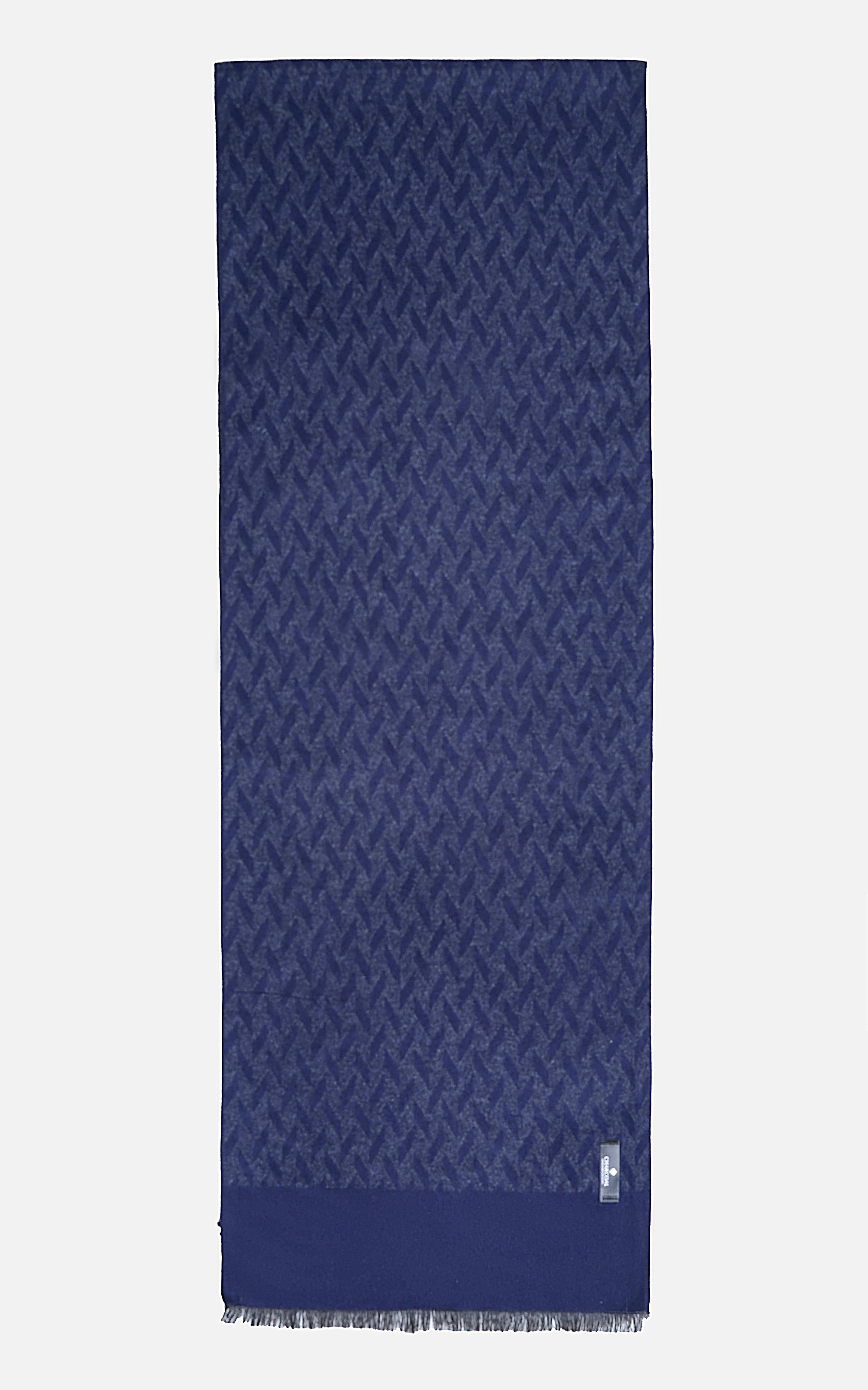 Navy textured scarf with zigzag pattern and dark blue hem, fringed ends