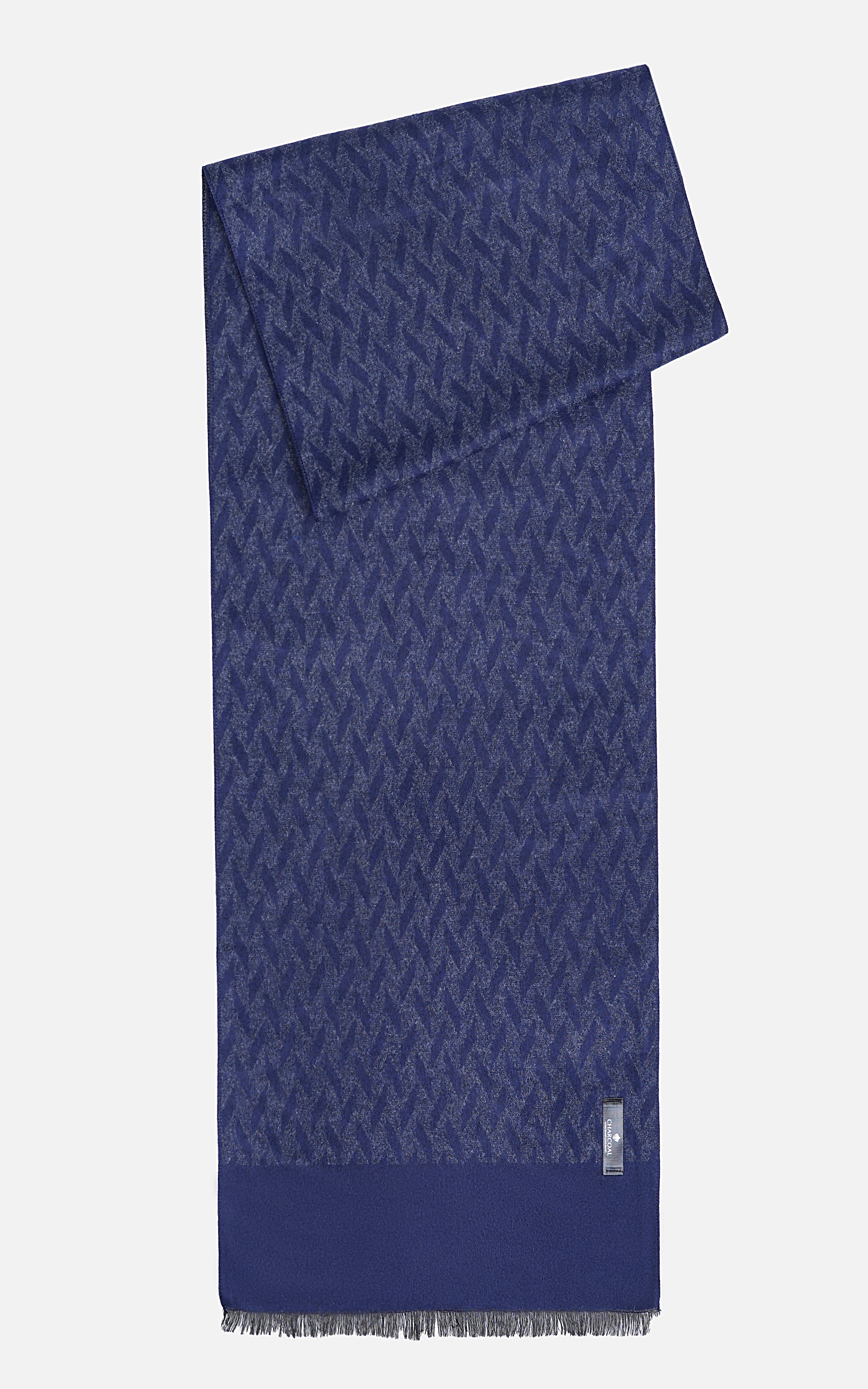 Dark navy scarf with zigzag weave, solid hem band, brand tag, fringed ends
