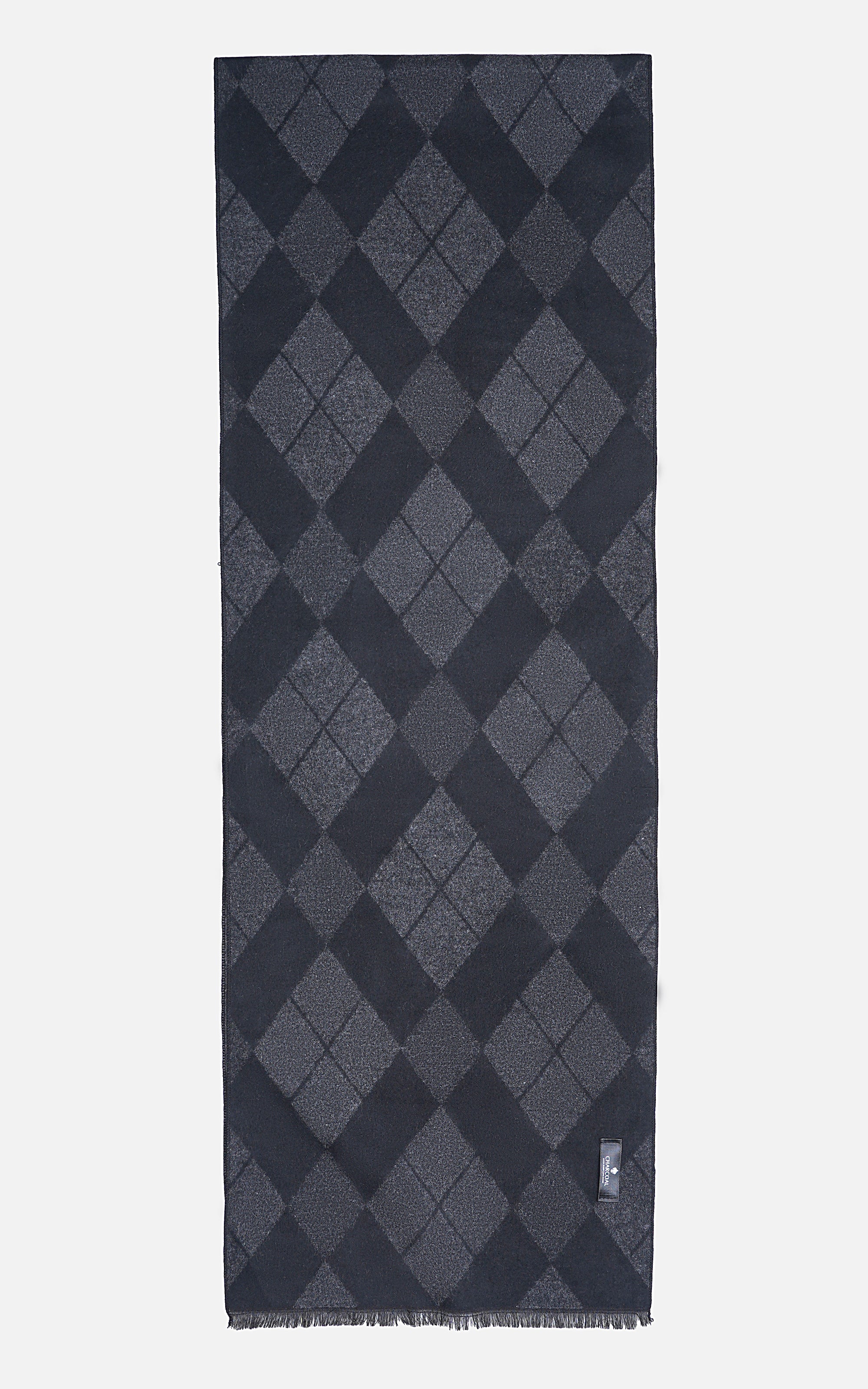 Dark argyle scarf with diamond pattern and fringed ends