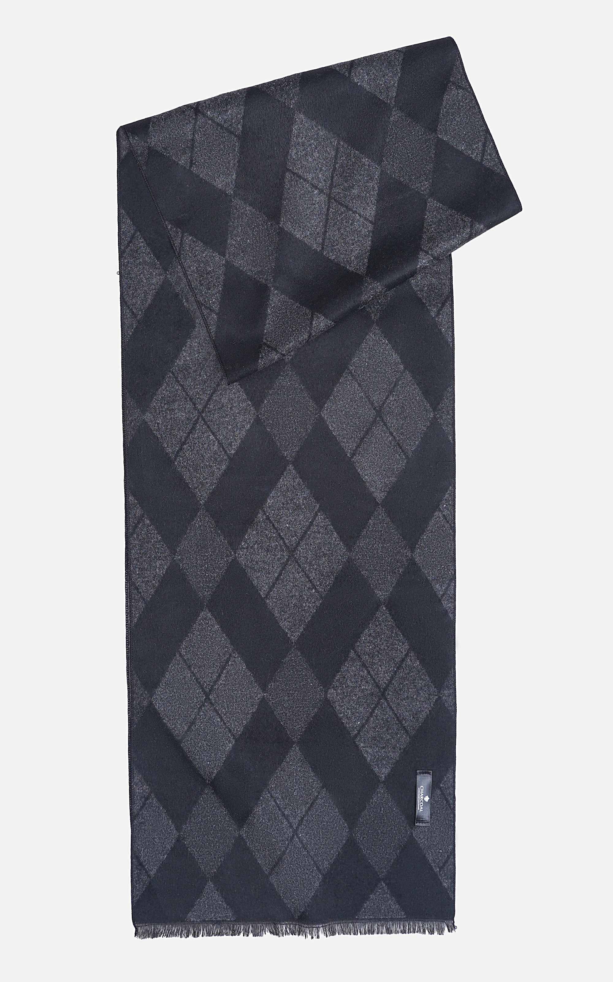 Dark argyle scarf, fringed hem, folded drape view