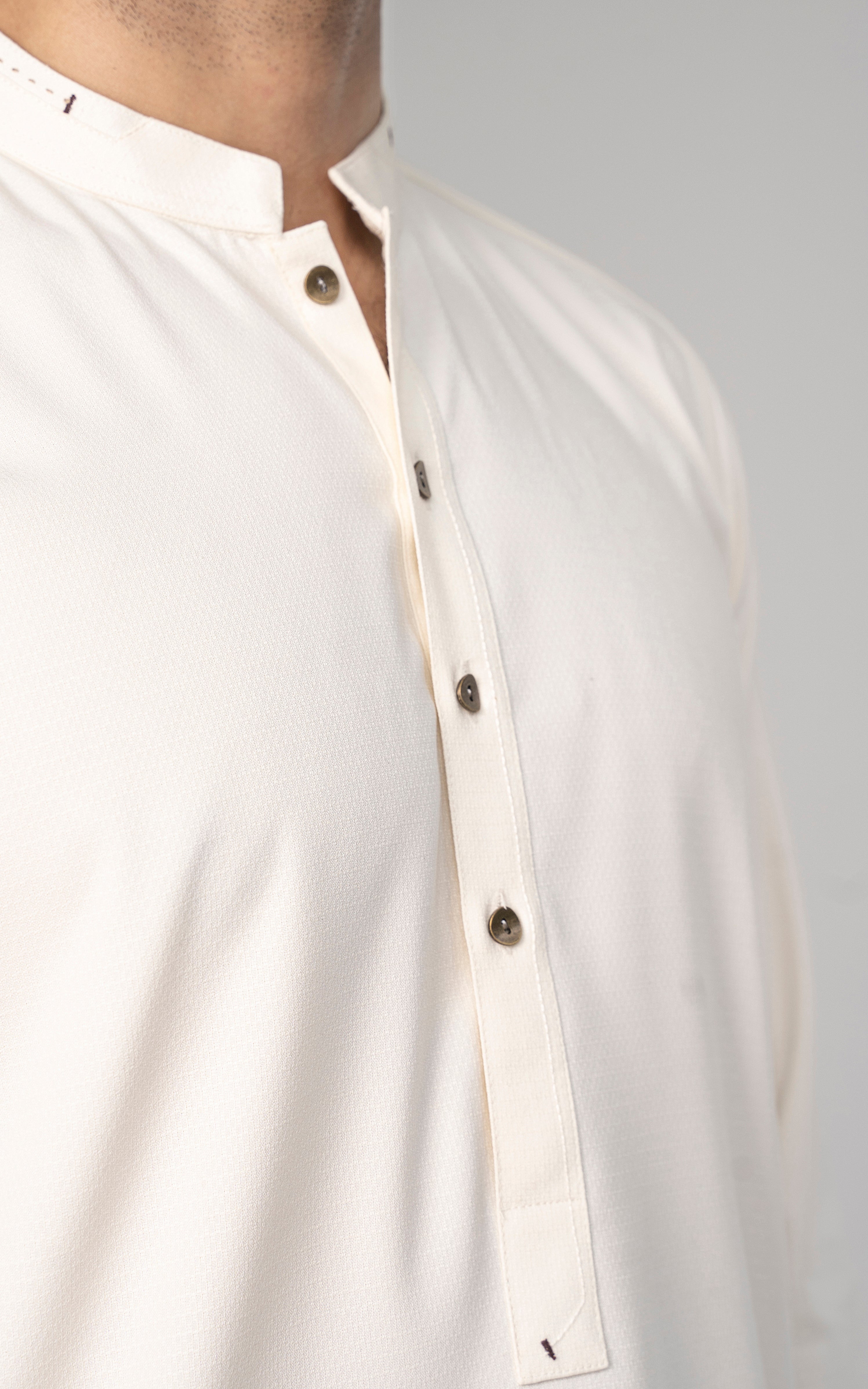 Off-white kurta neckline with stand collar and button placket