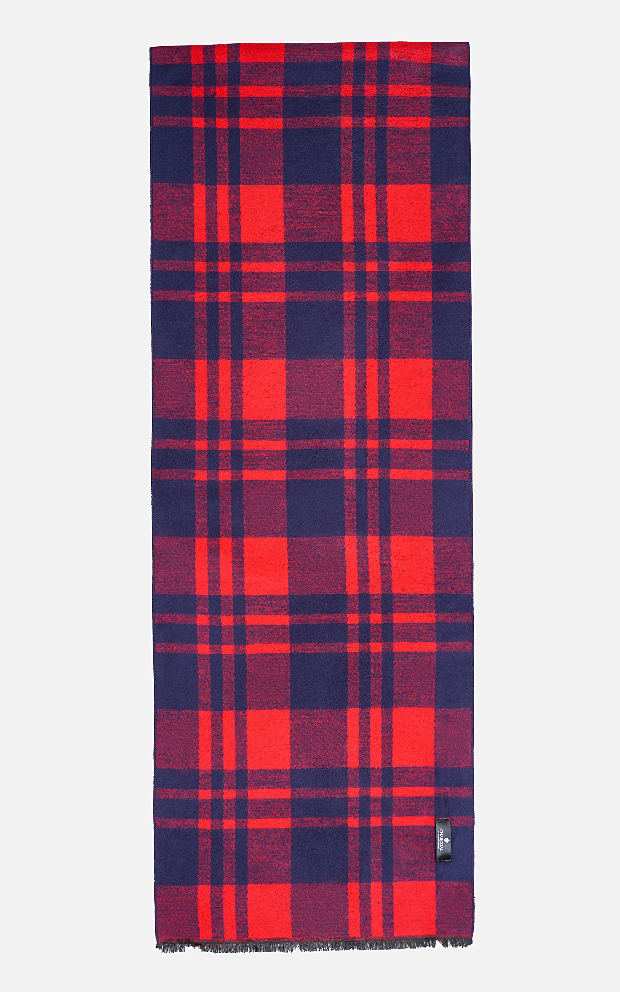 Plaid scarf with red and navy check pattern, fringed ends.