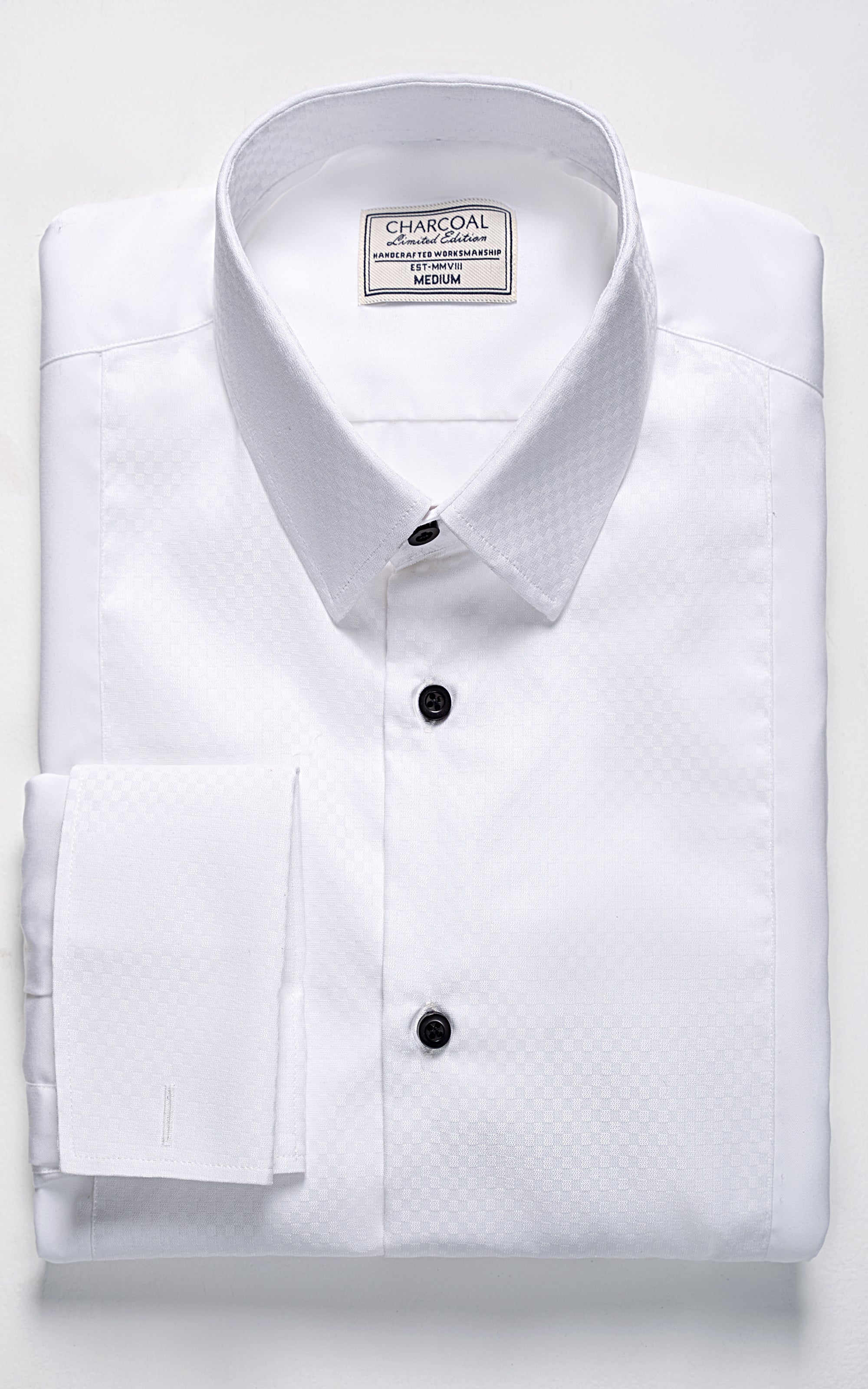 White dress shirt with spread collar, button front, and chest pocket