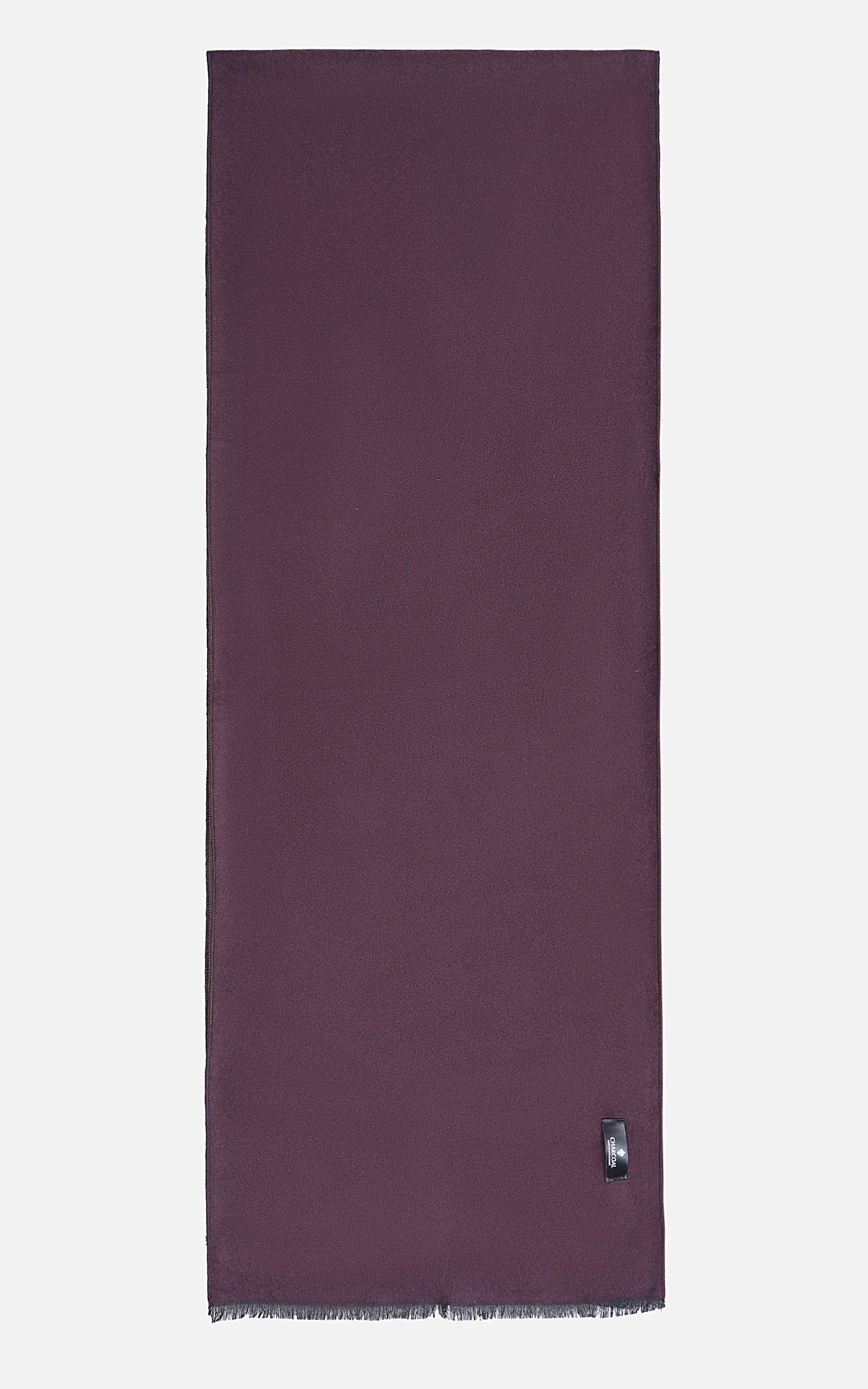 Dark purple scarf with short fringe edge and small metal clasp