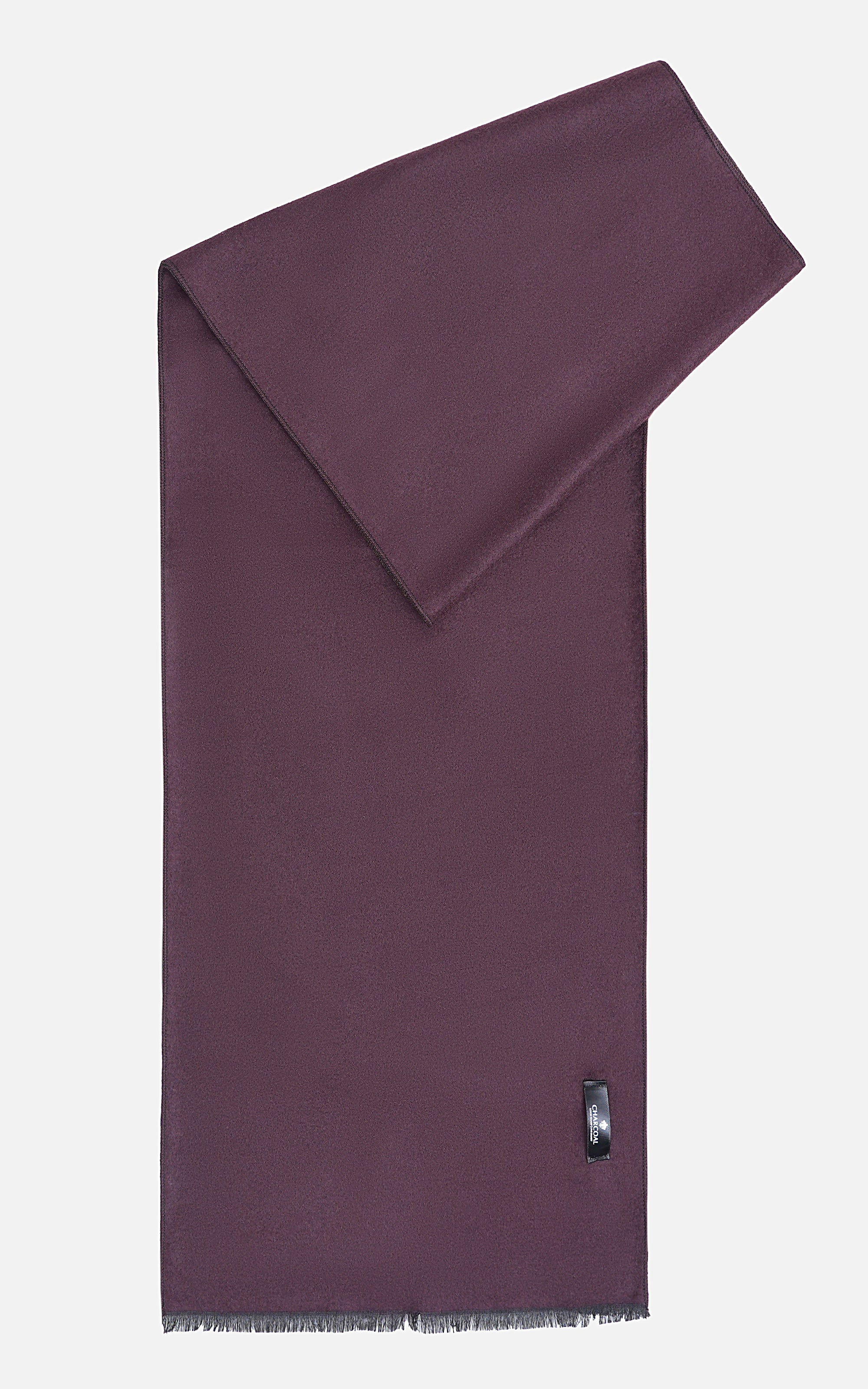Dark purple scarf folded with corner overlap and short fringe edge