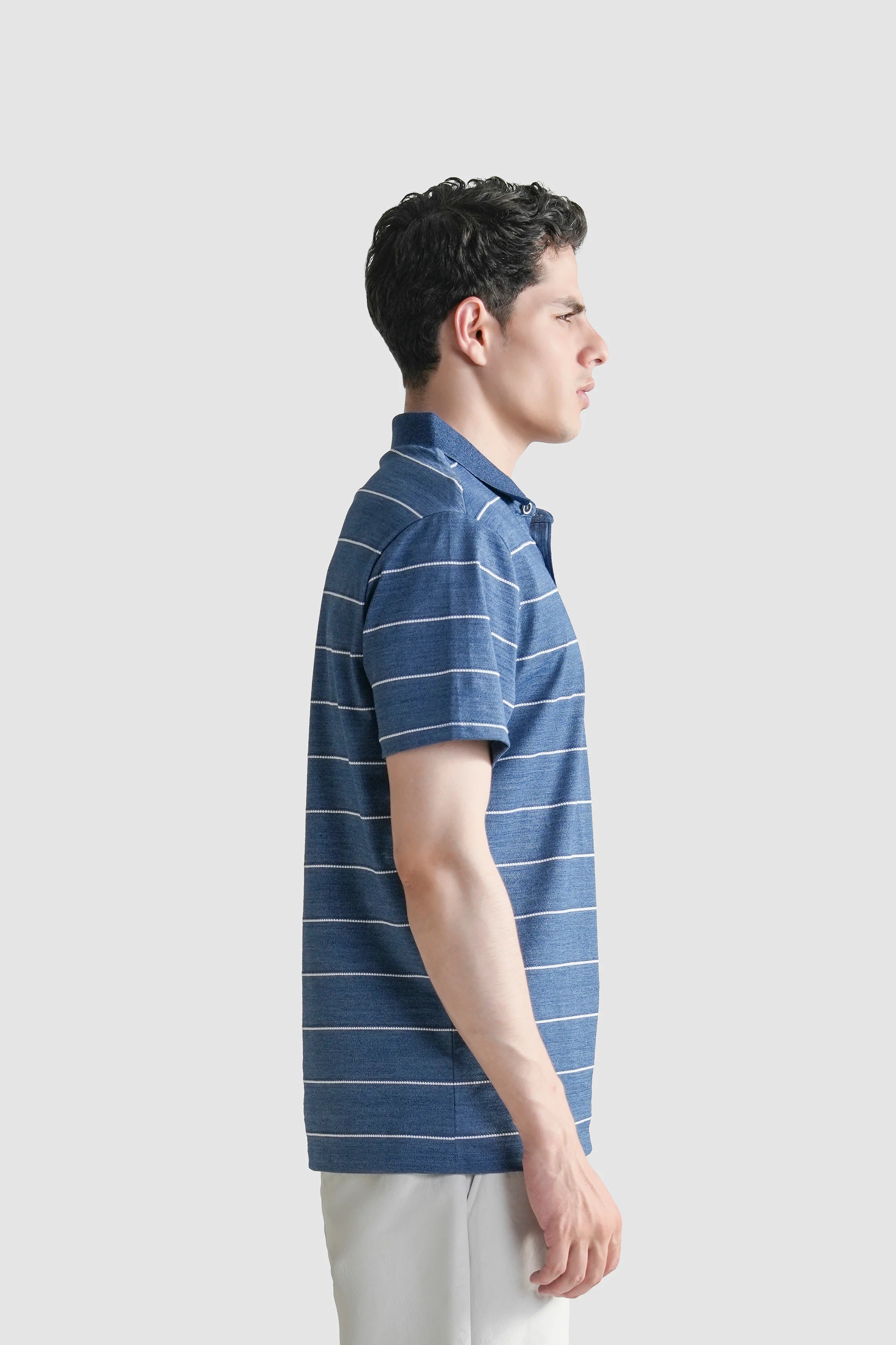 Blue striped polo shirt with collared neckline and short sleeves