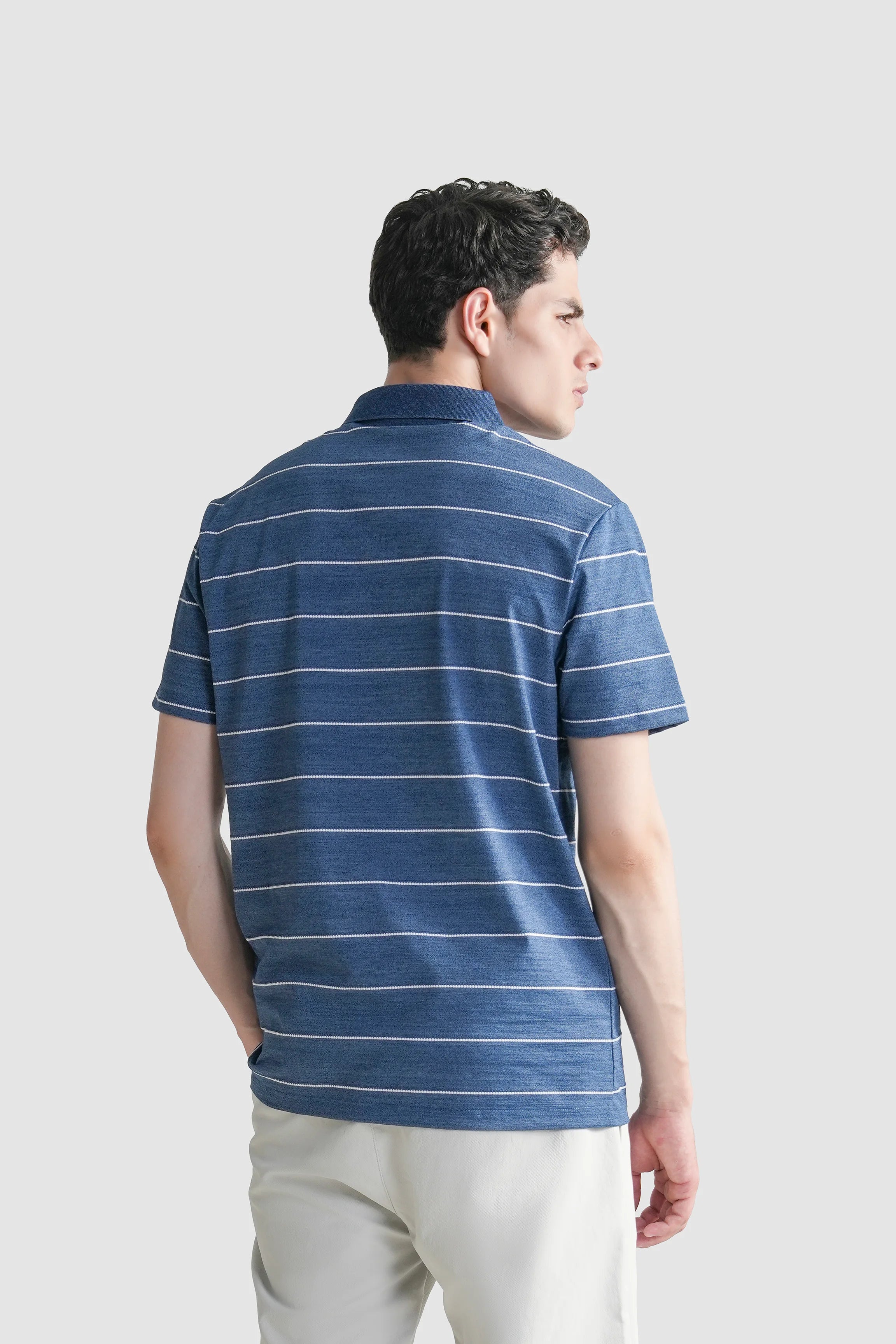 Blue striped polo shirt with collar and short sleeves