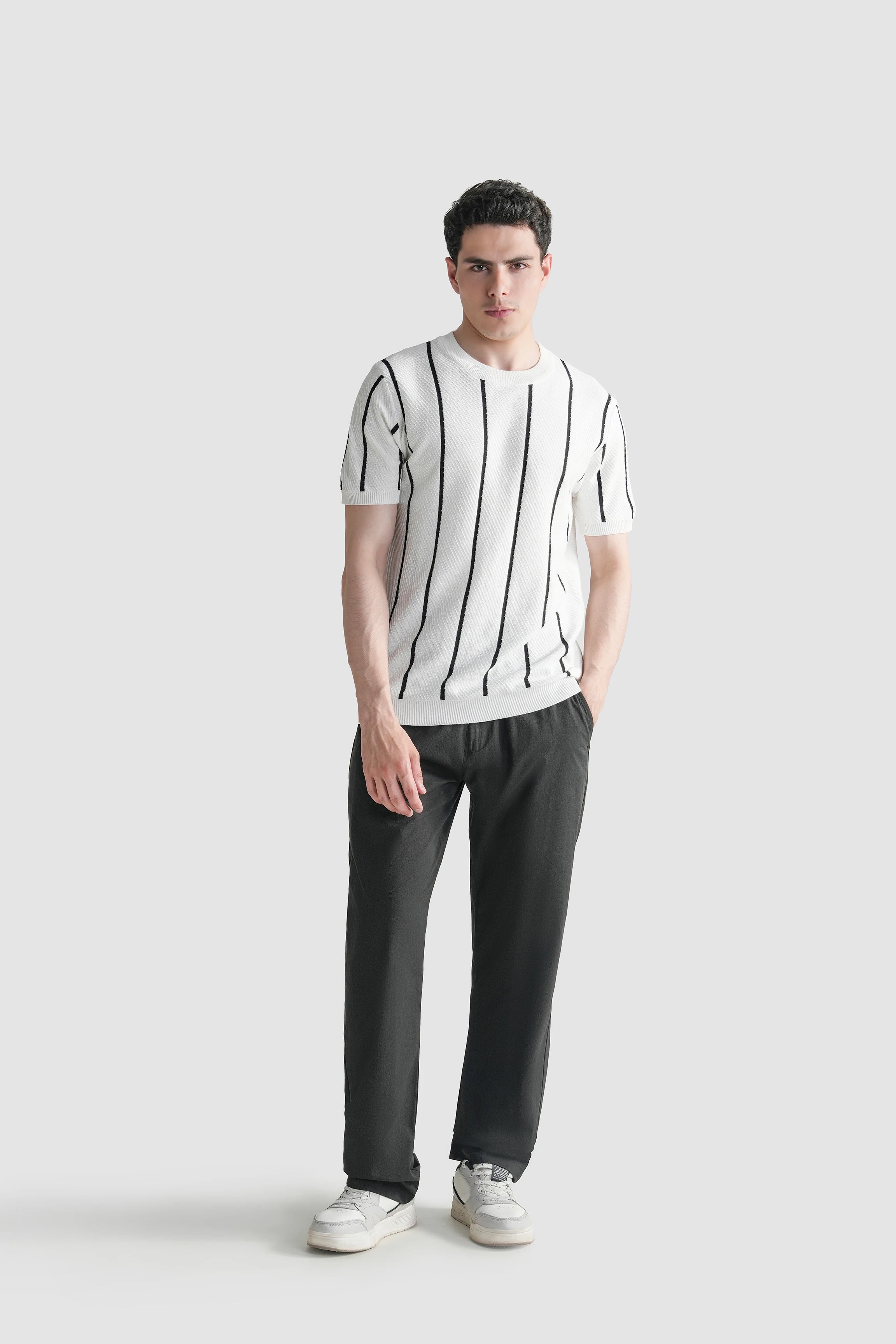 SWEATER KNIT SELF STRIPED CREW NECK T-SHIRT WHITE