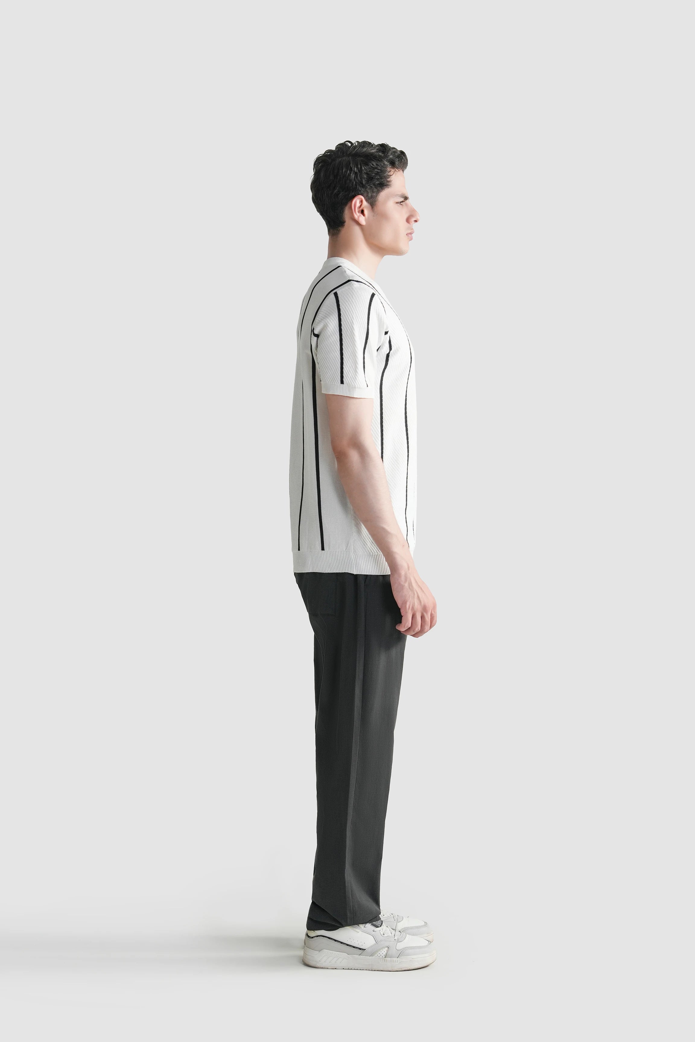 SWEATER KNIT SELF STRIPED CREW NECK T-SHIRT WHITE