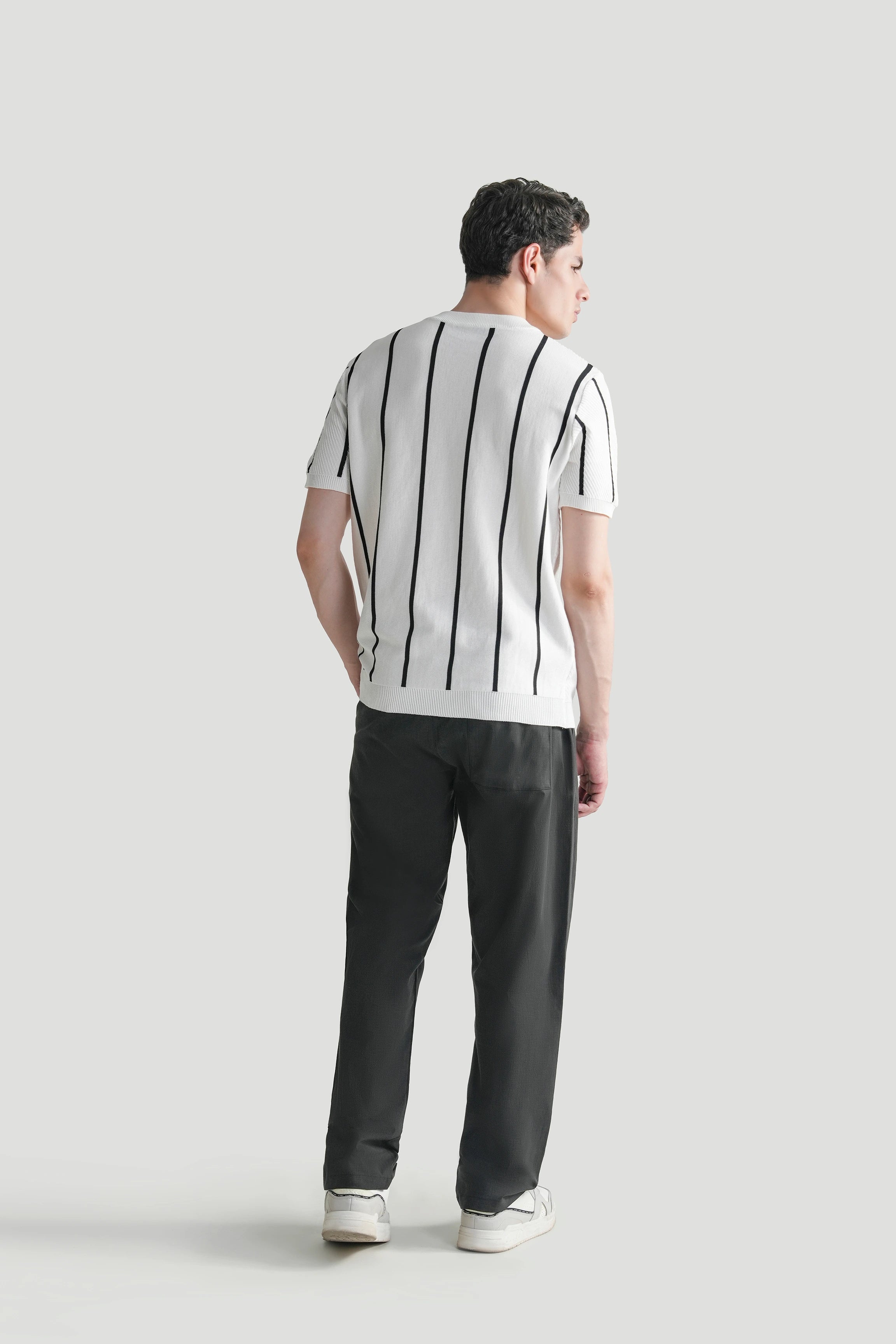 SWEATER KNIT SELF STRIPED CREW NECK T-SHIRT WHITE