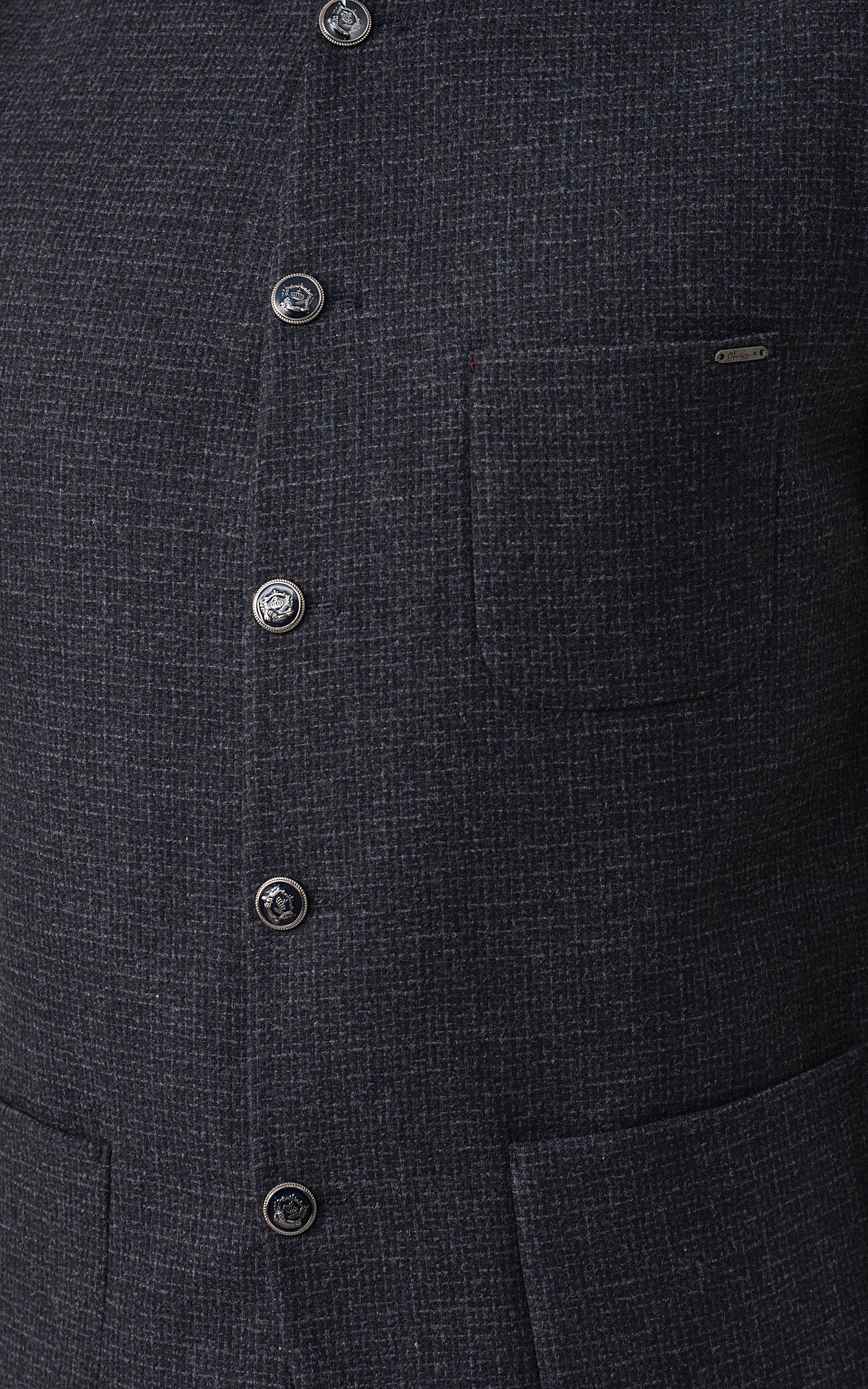 Navy textured waistcoat with flap pocket and metal buttons at the chest