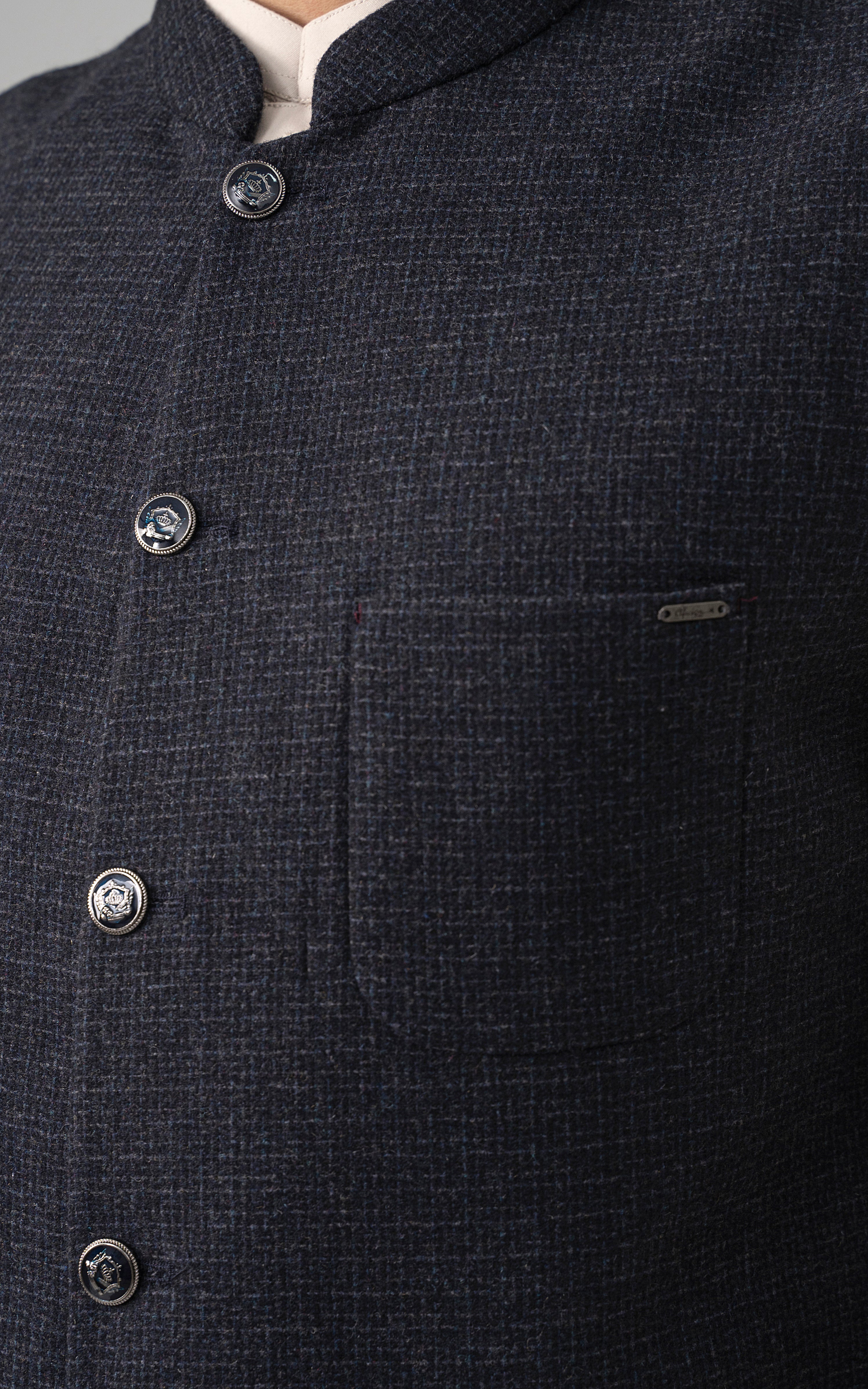 Navy textured waistcoat front with metal buttons and small logo tab