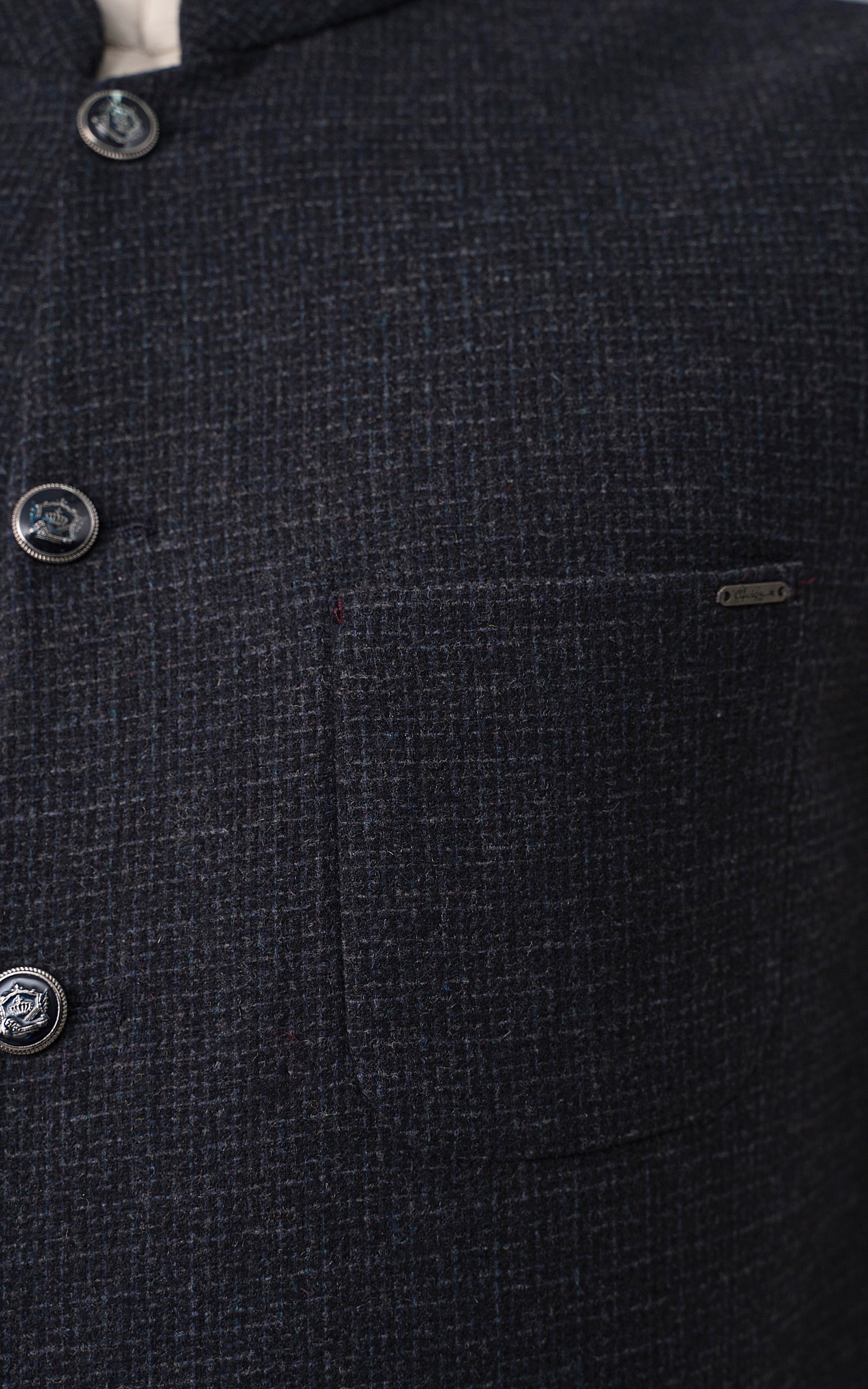 Navy textured waistcoat with small metal logo tab and buttoned placket