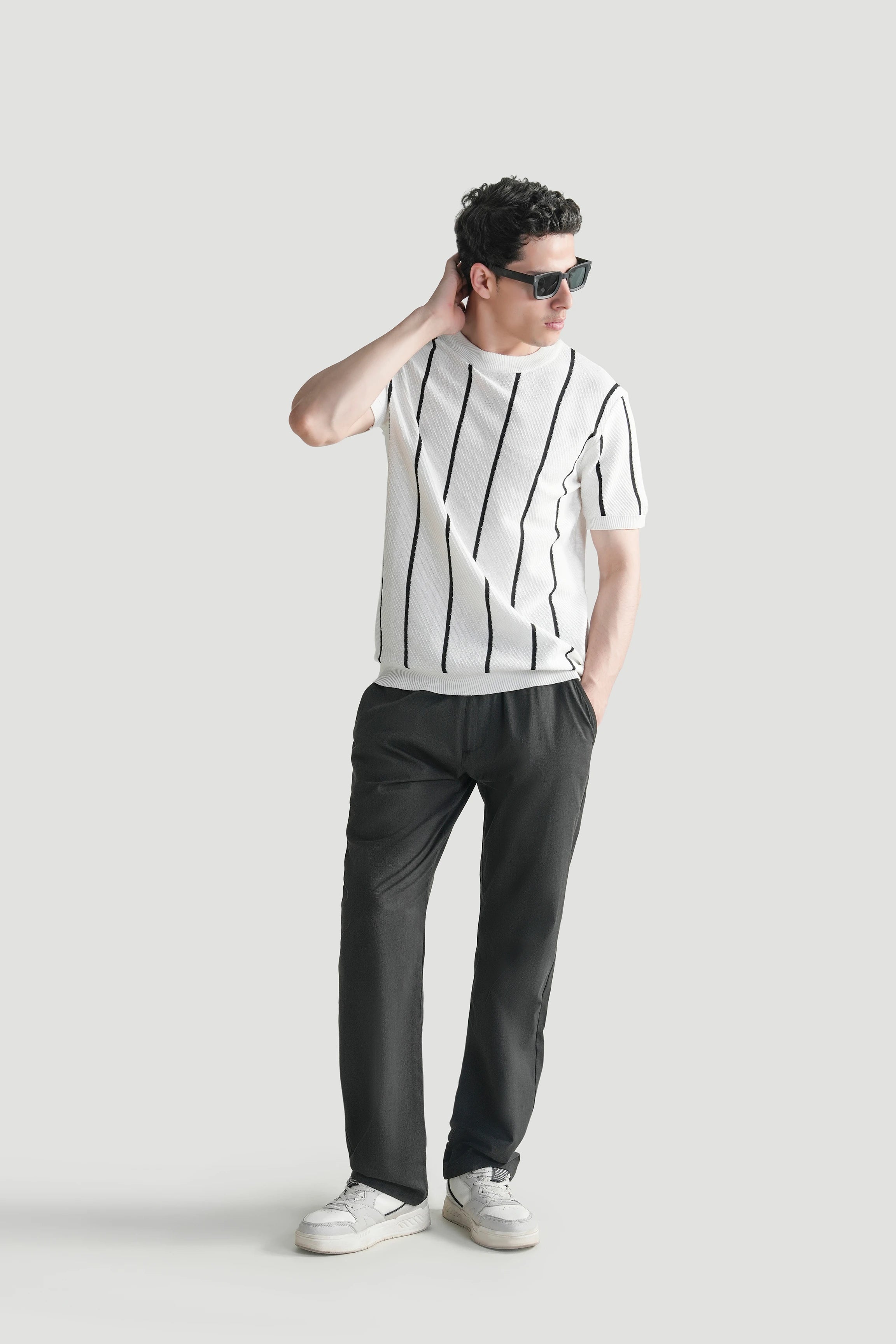 SWEATER KNIT SELF STRIPED CREW NECK T-SHIRT WHITE