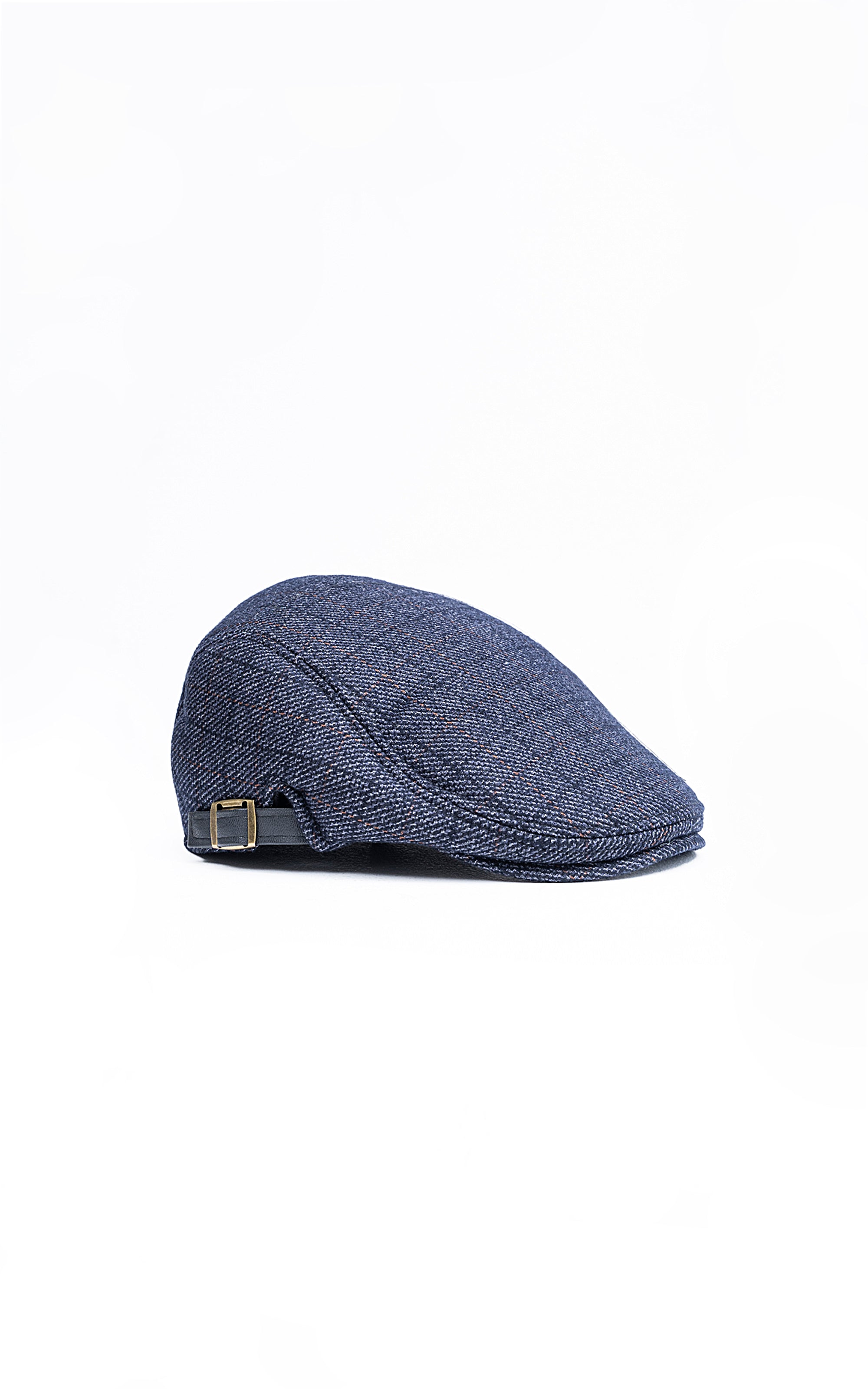 Navy blue golf cap with side buckle strap and curved brim