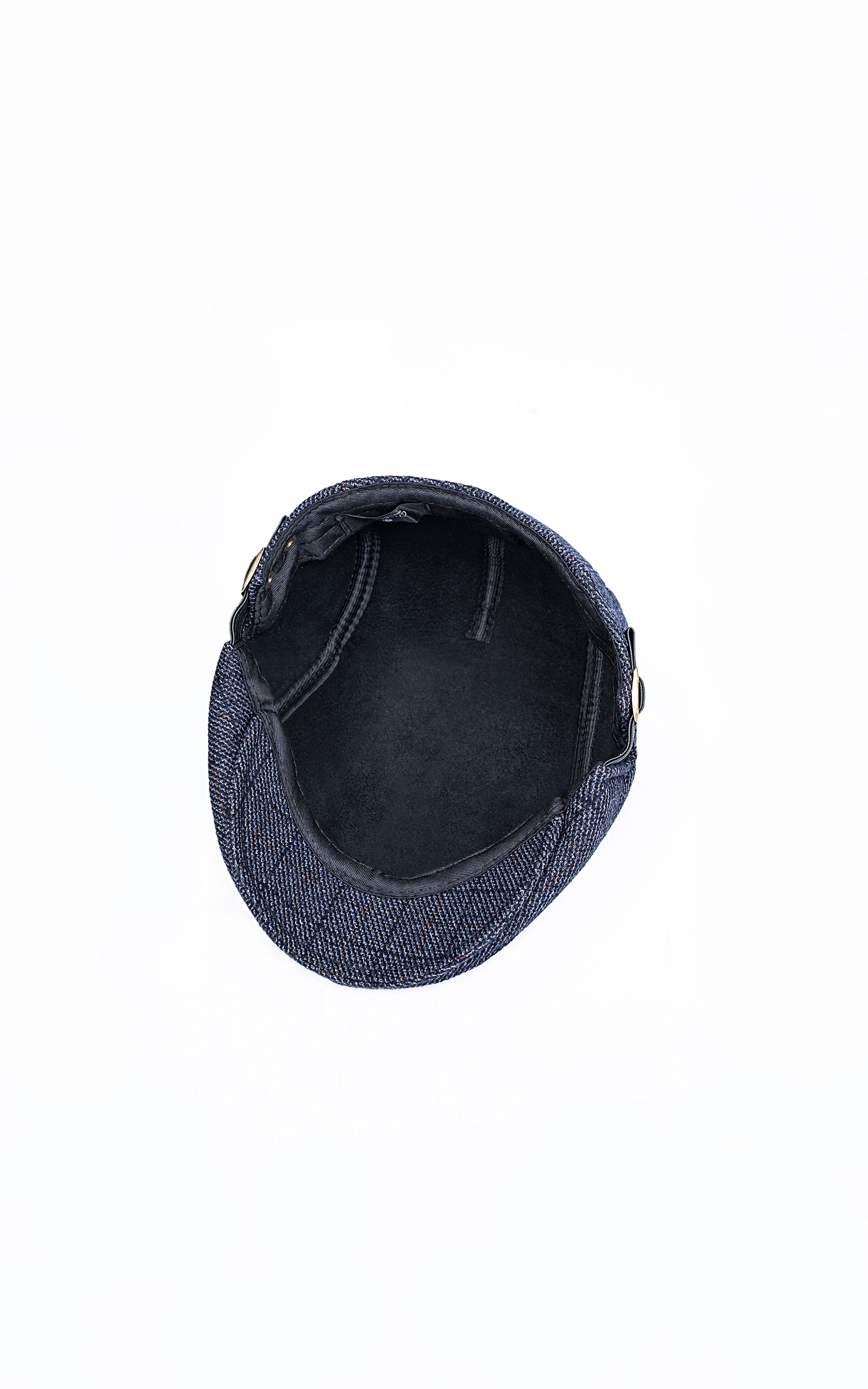 Navy blue golf cap interior view with dark lining and stitched brim