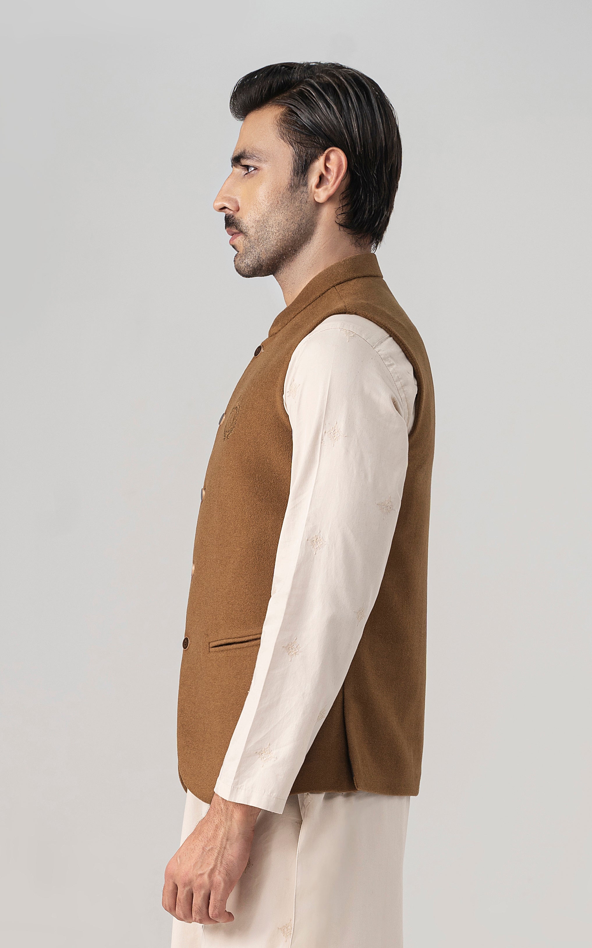 Wool-blend waistcoat side view with stand collar and button placket