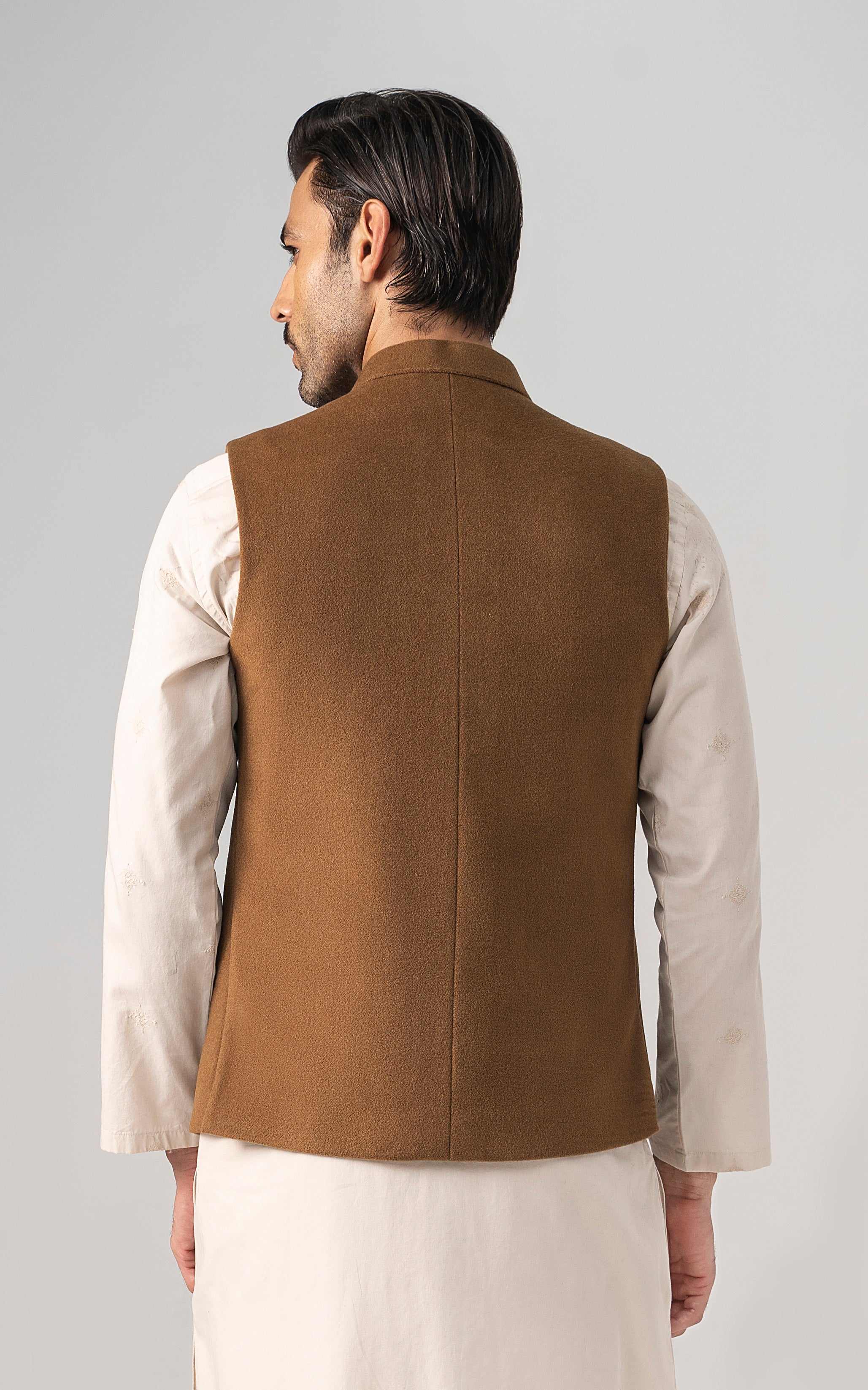 Wool-blend waistcoat back view with stand collar and center seam