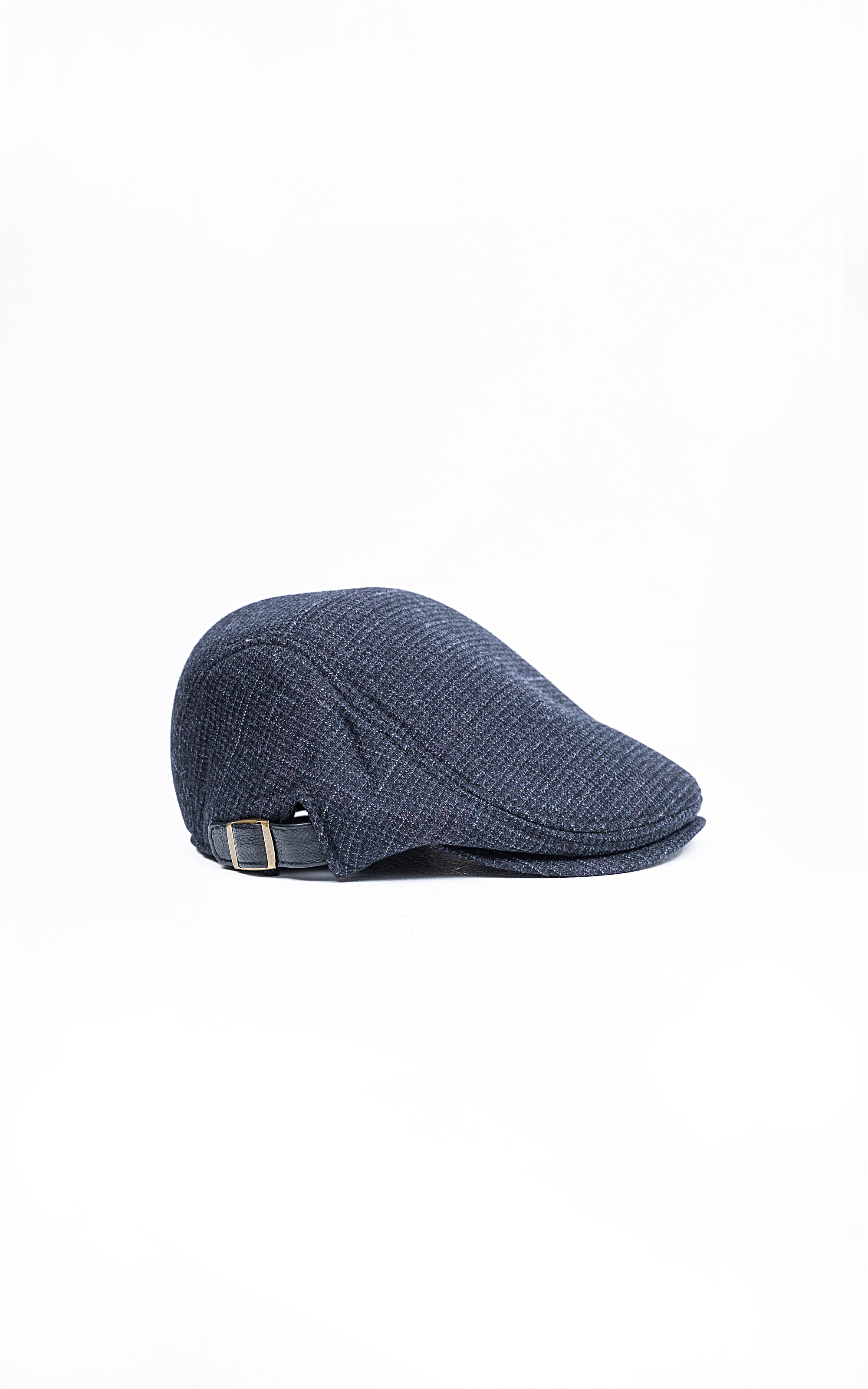Dark blue golf cap with adjustable strap and metal buckle detail