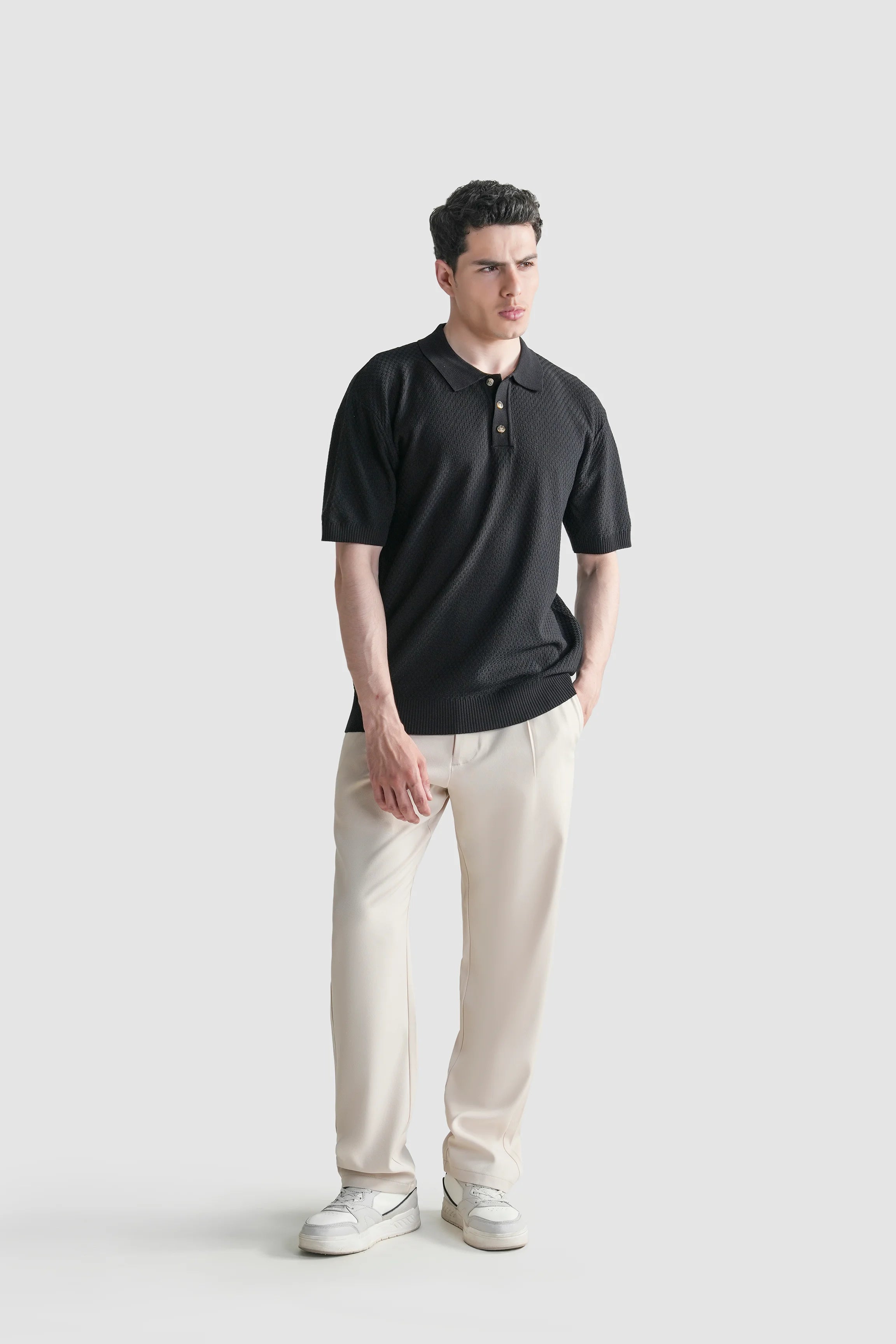 SWEATER KNIT SELF TEXTURED POLO BLACK