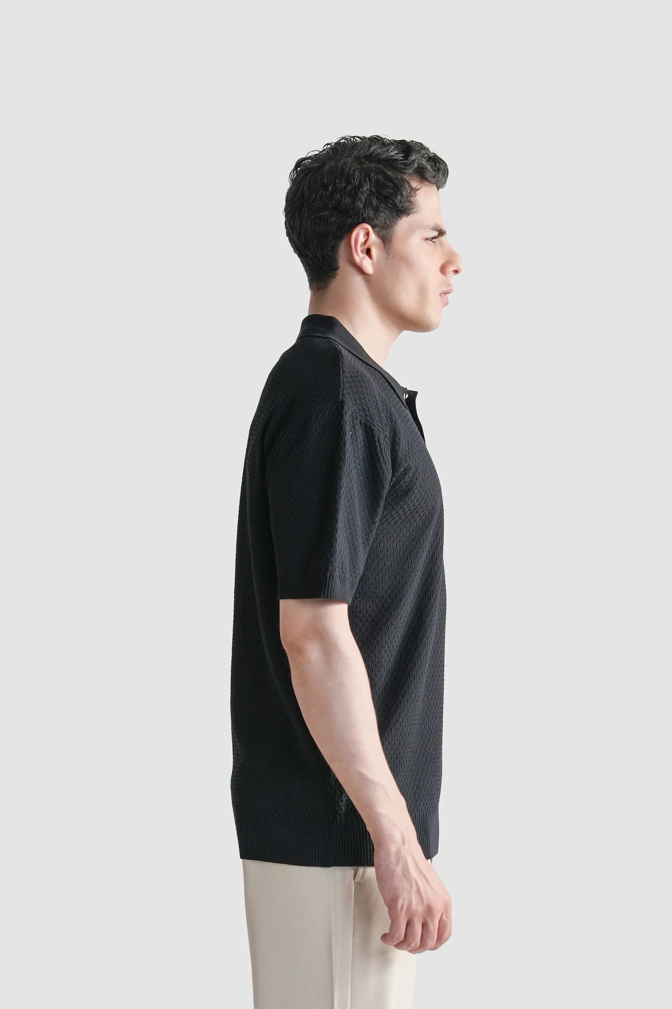 SWEATER KNIT SELF TEXTURED POLO BLACK