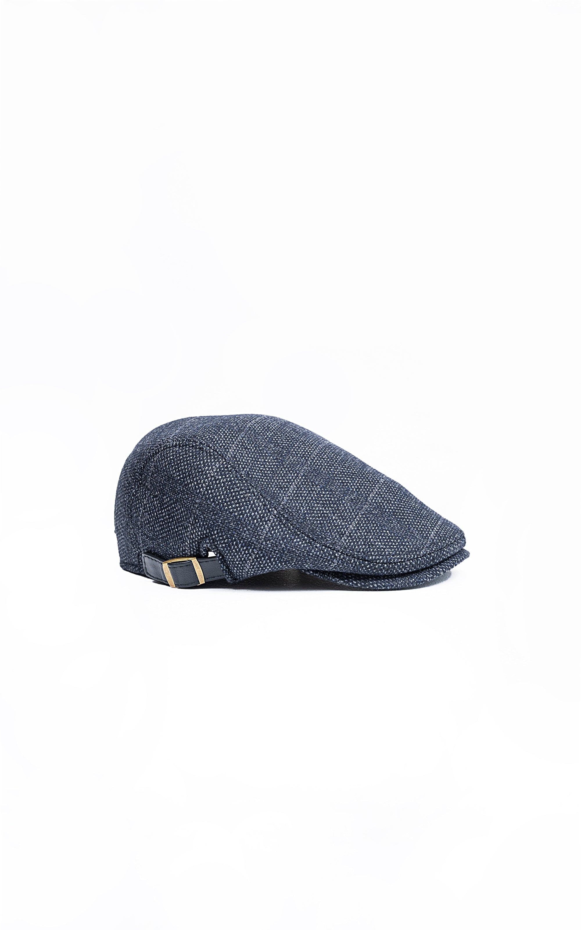 Navy golf cap with adjustable strap and small gold buckle on side
