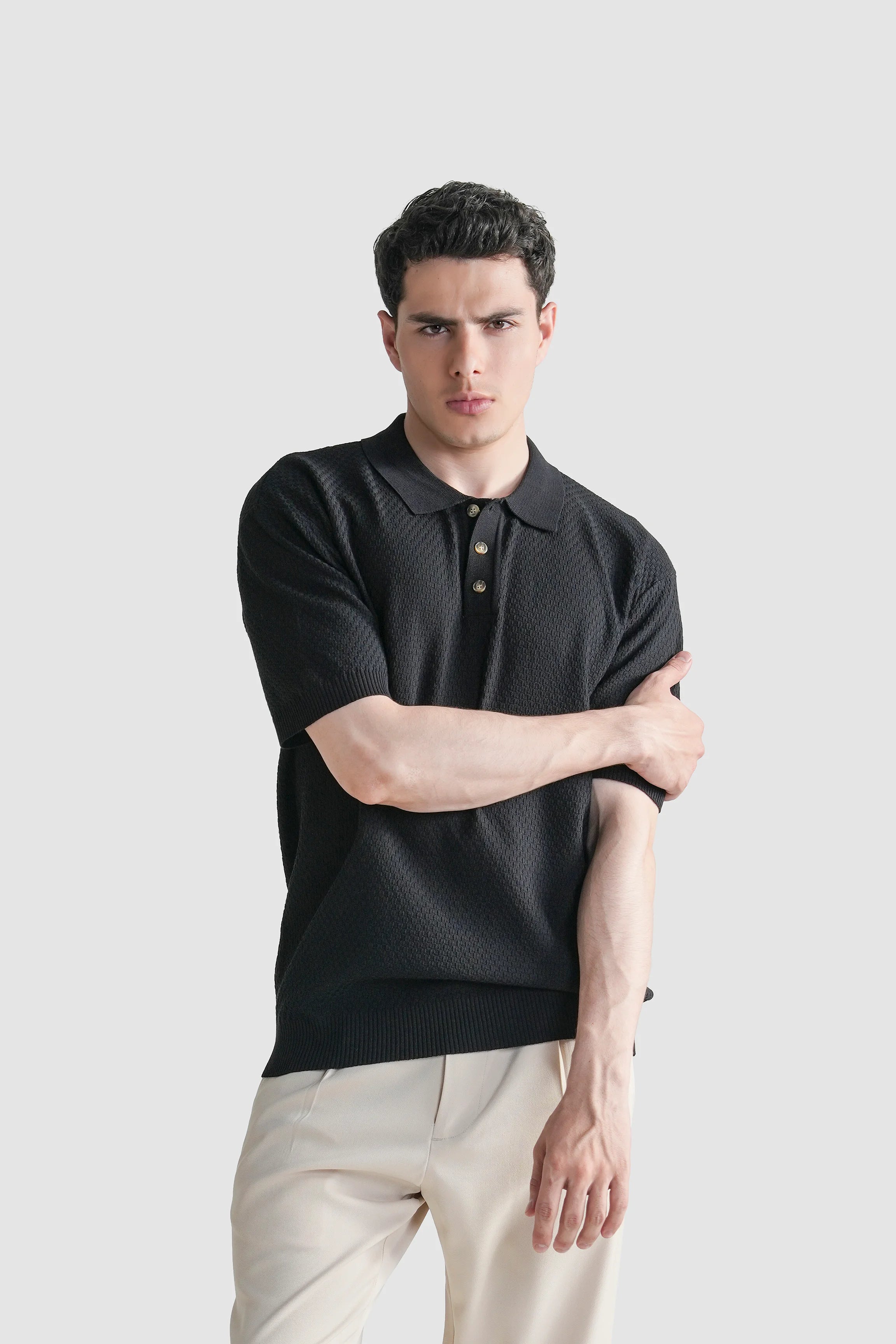 SWEATER KNIT SELF TEXTURED POLO BLACK