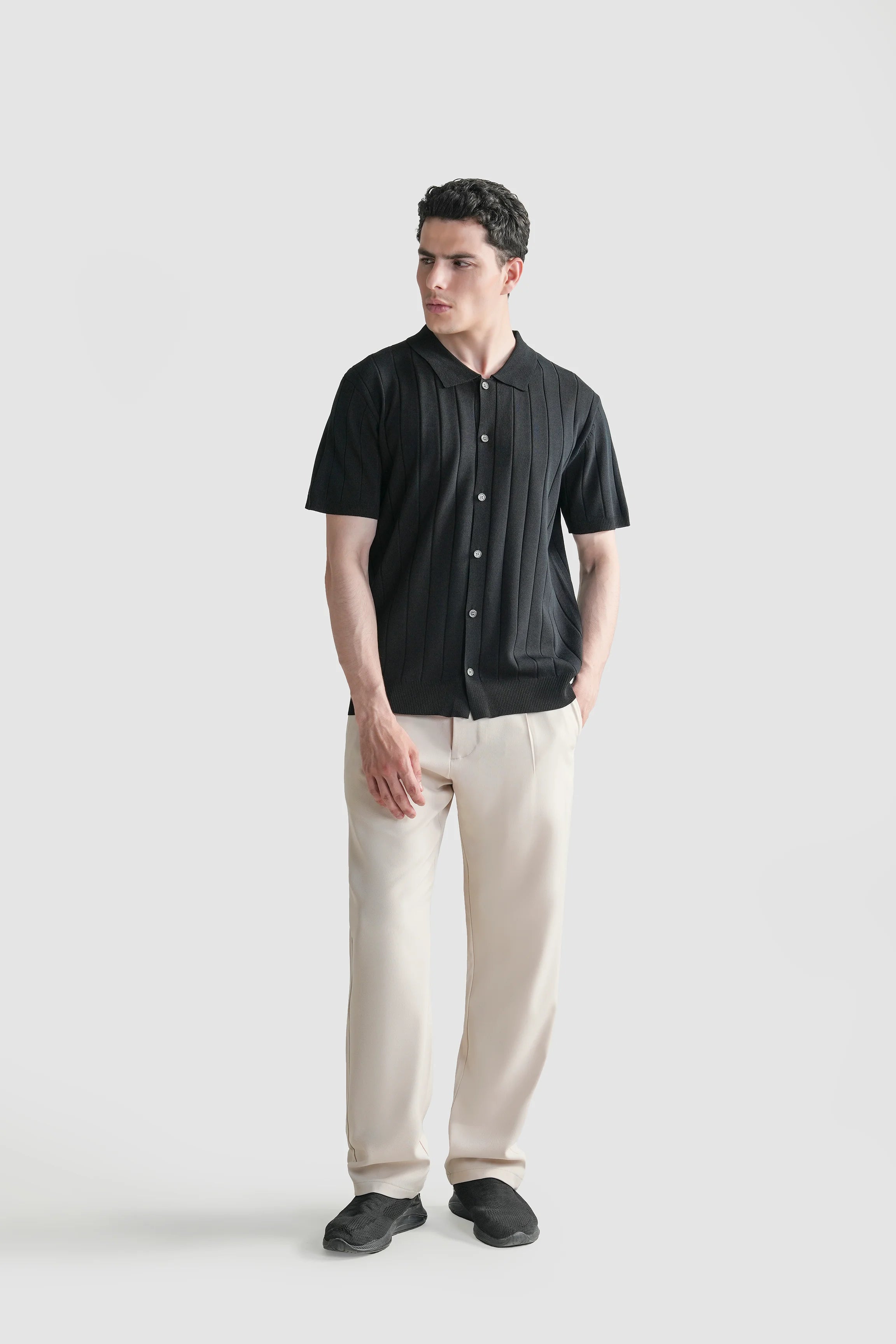 HALF SLEEVE CABLE KNIT CASUAL SHIRT BLACK