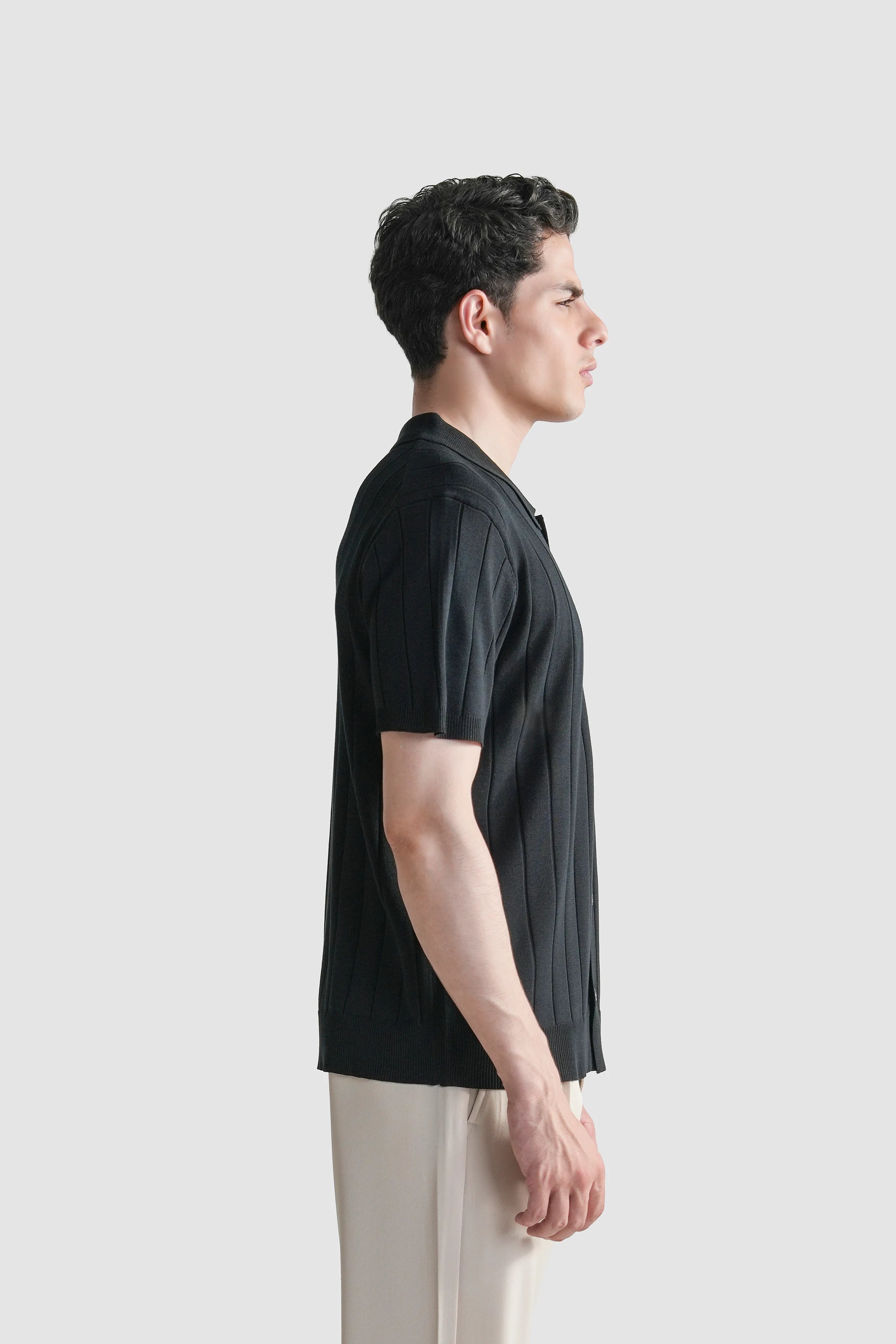 HALF SLEEVE CABLE KNIT CASUAL SHIRT BLACK