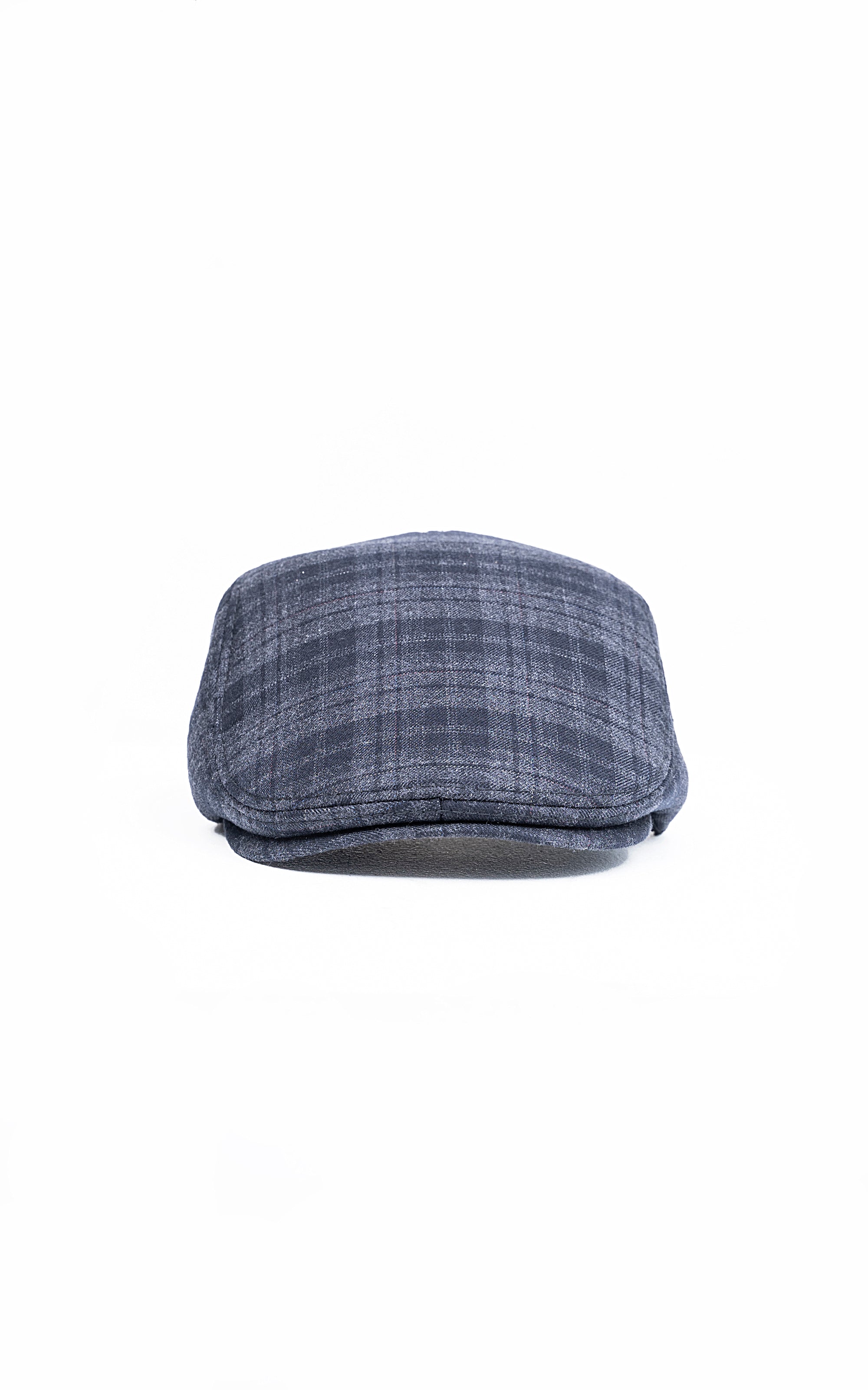 Navy plaid golf cap with curved brim and stitched crown