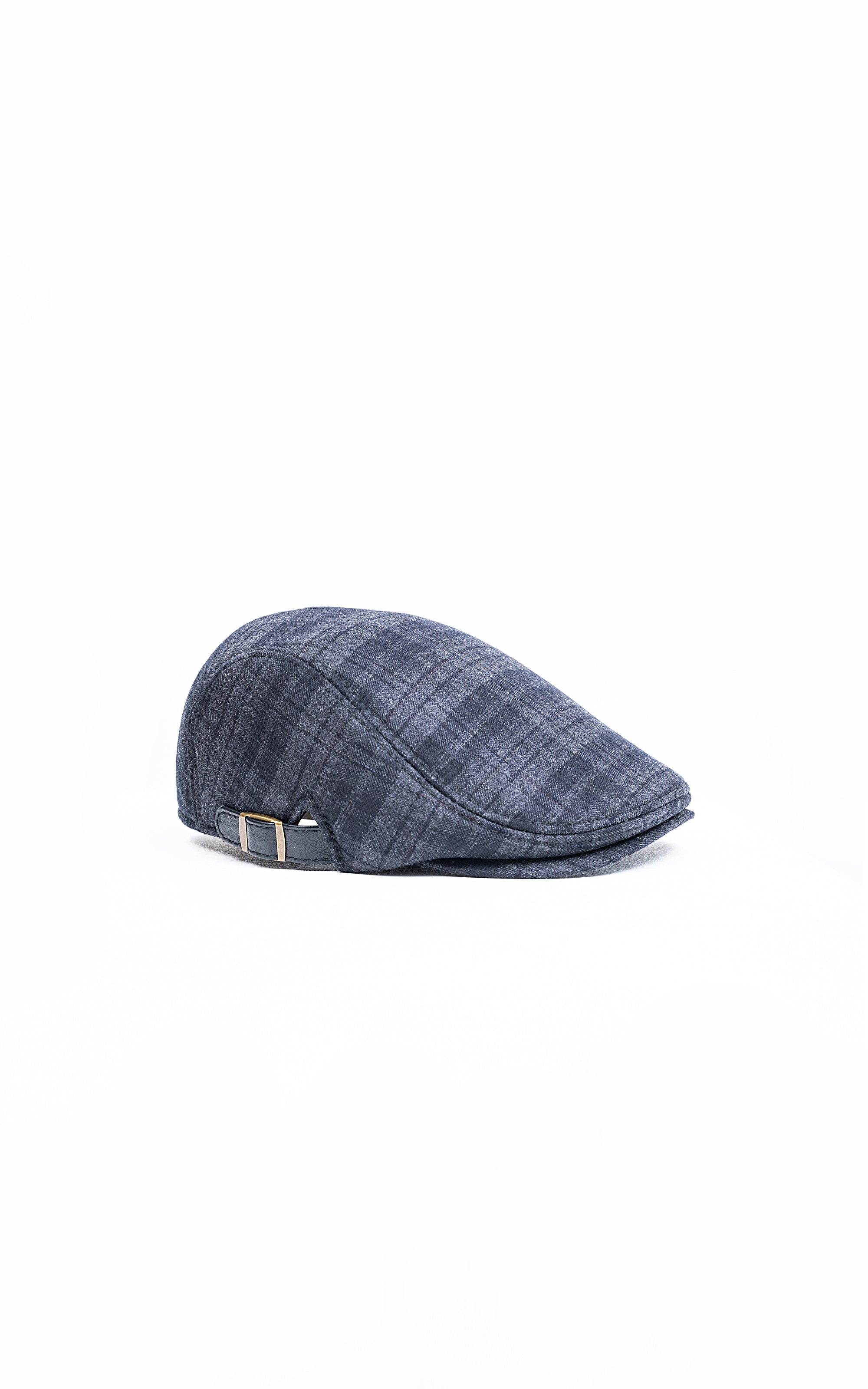 Navy plaid golf cap side view with curved brim and metal eyelets