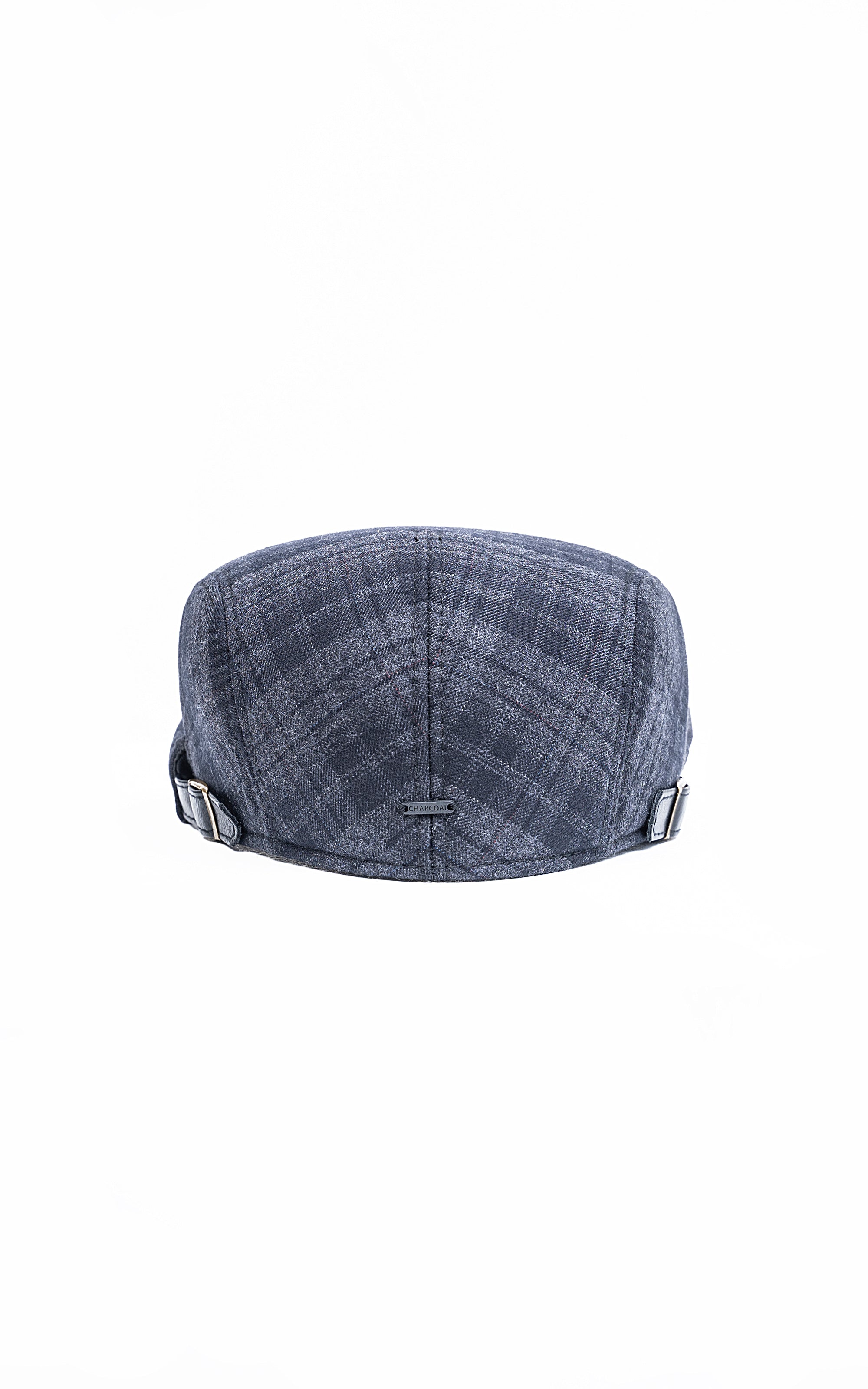 Navy plaid golf cap back view with adjustable strap and curved brim