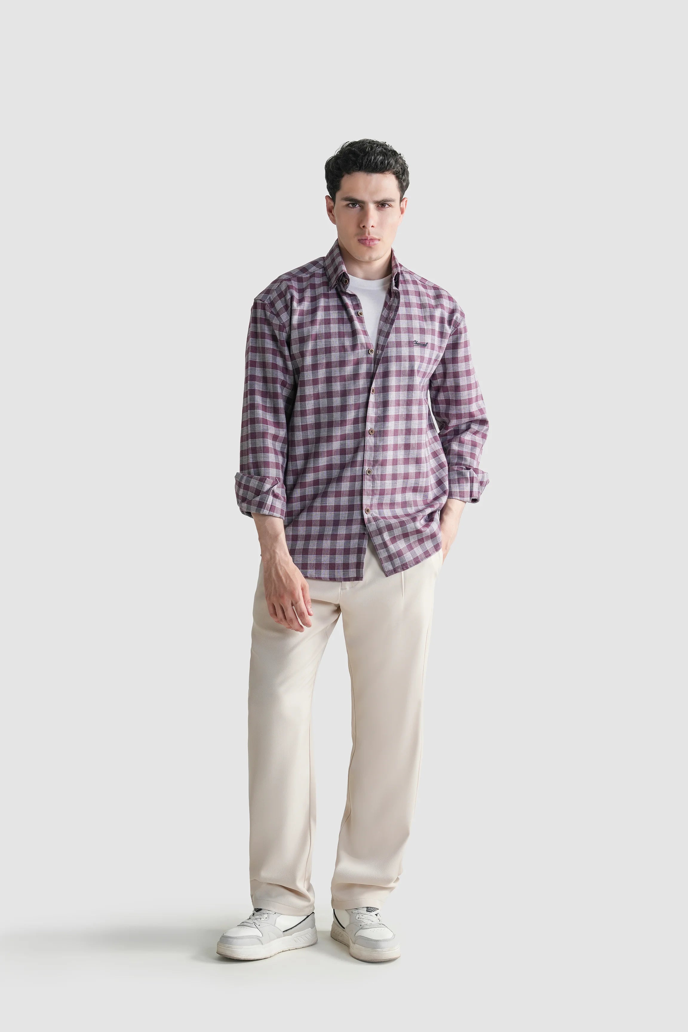 Burgundy checkered casual button-down shirt with long sleeves
