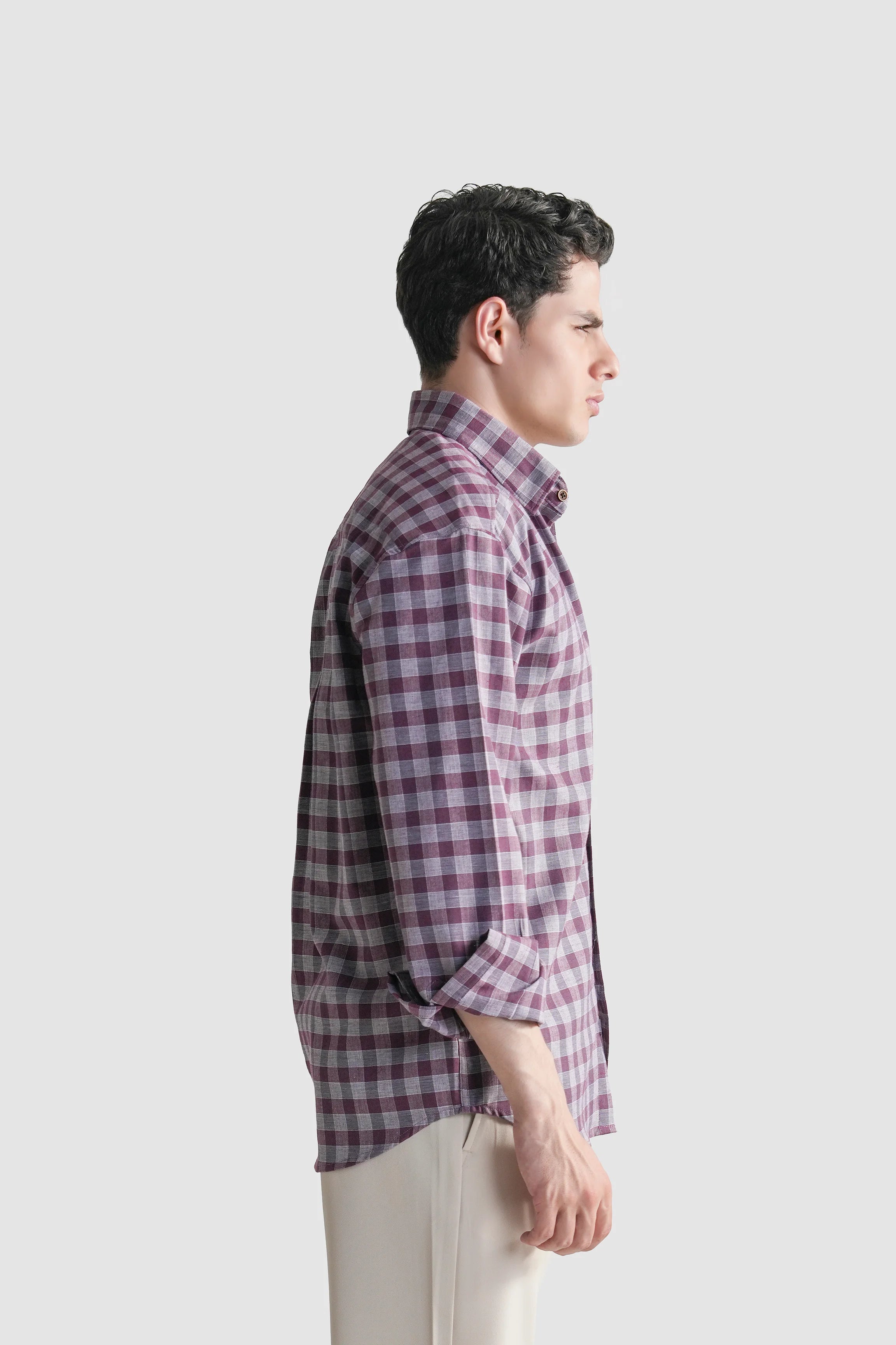 Burgundy and light checkered casual button-down shirt, side view