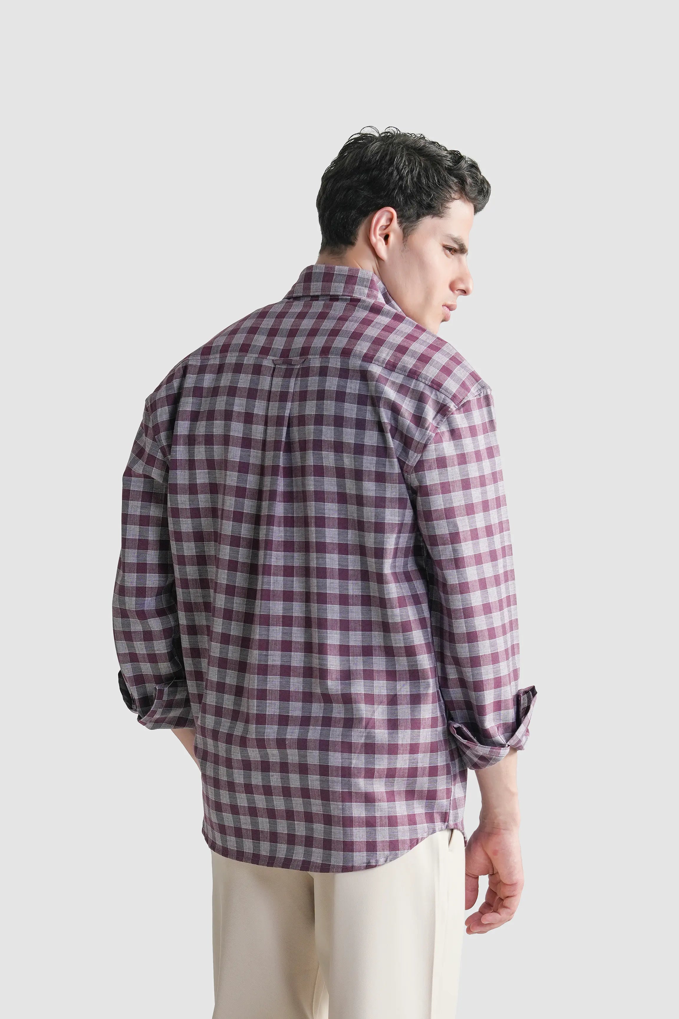 Burgundy checkered casual button-down shirt, back and side view