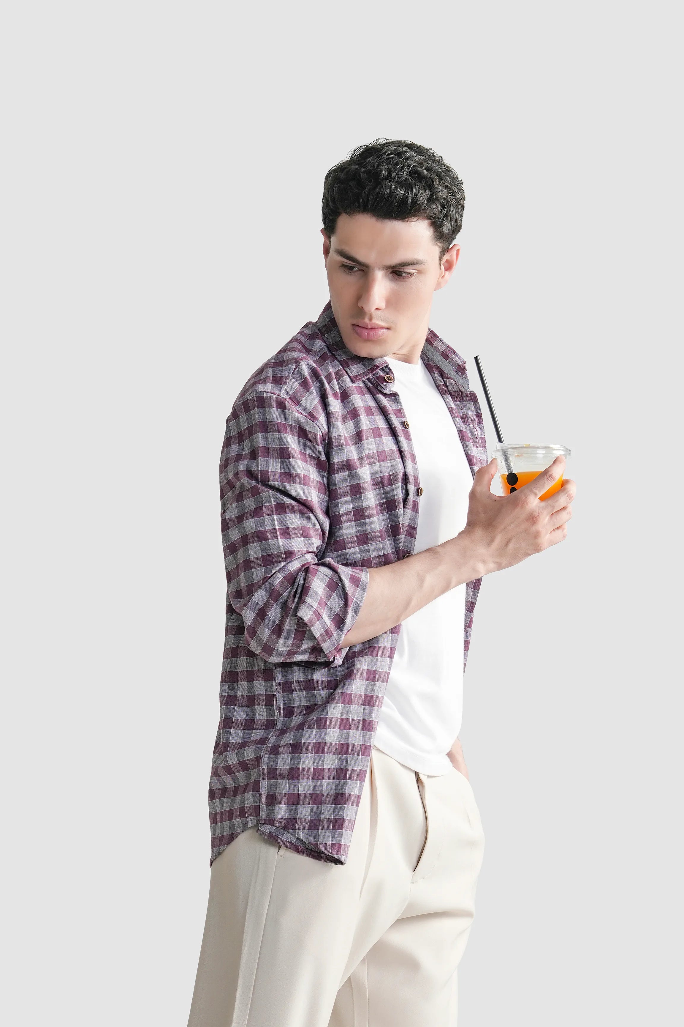 Burgundy checkered casual button-down shirt with chest pocket detail