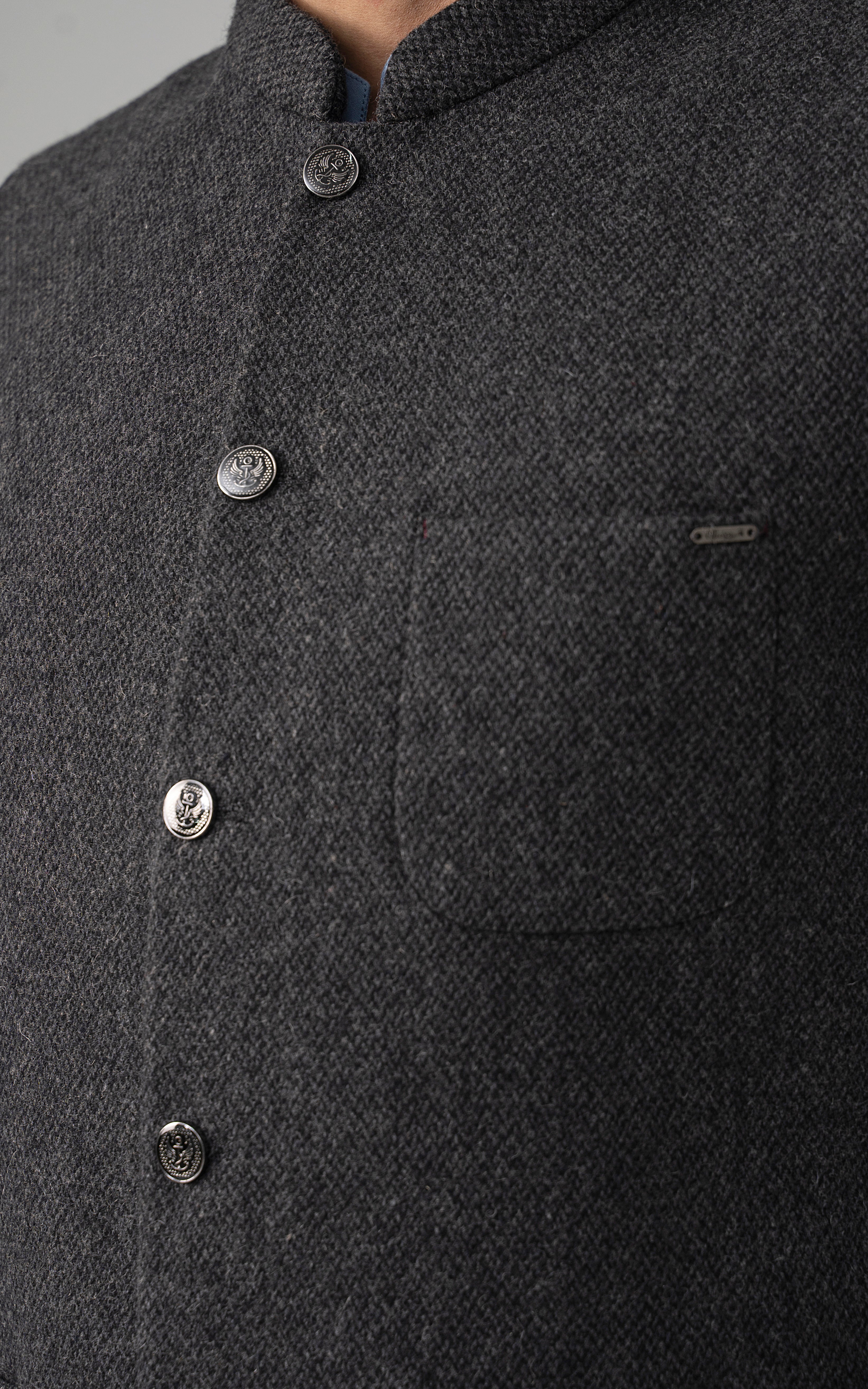 Grey textured wool-blend waistcoat with metal buttons and chest patch pocket.