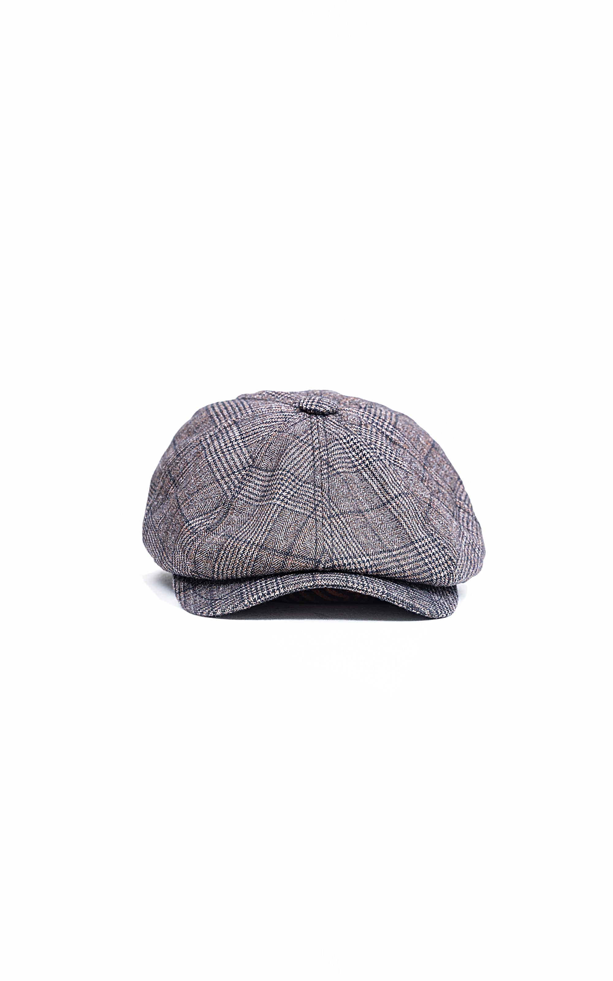 Gray plaid golf cap with domed crown and curved brim
