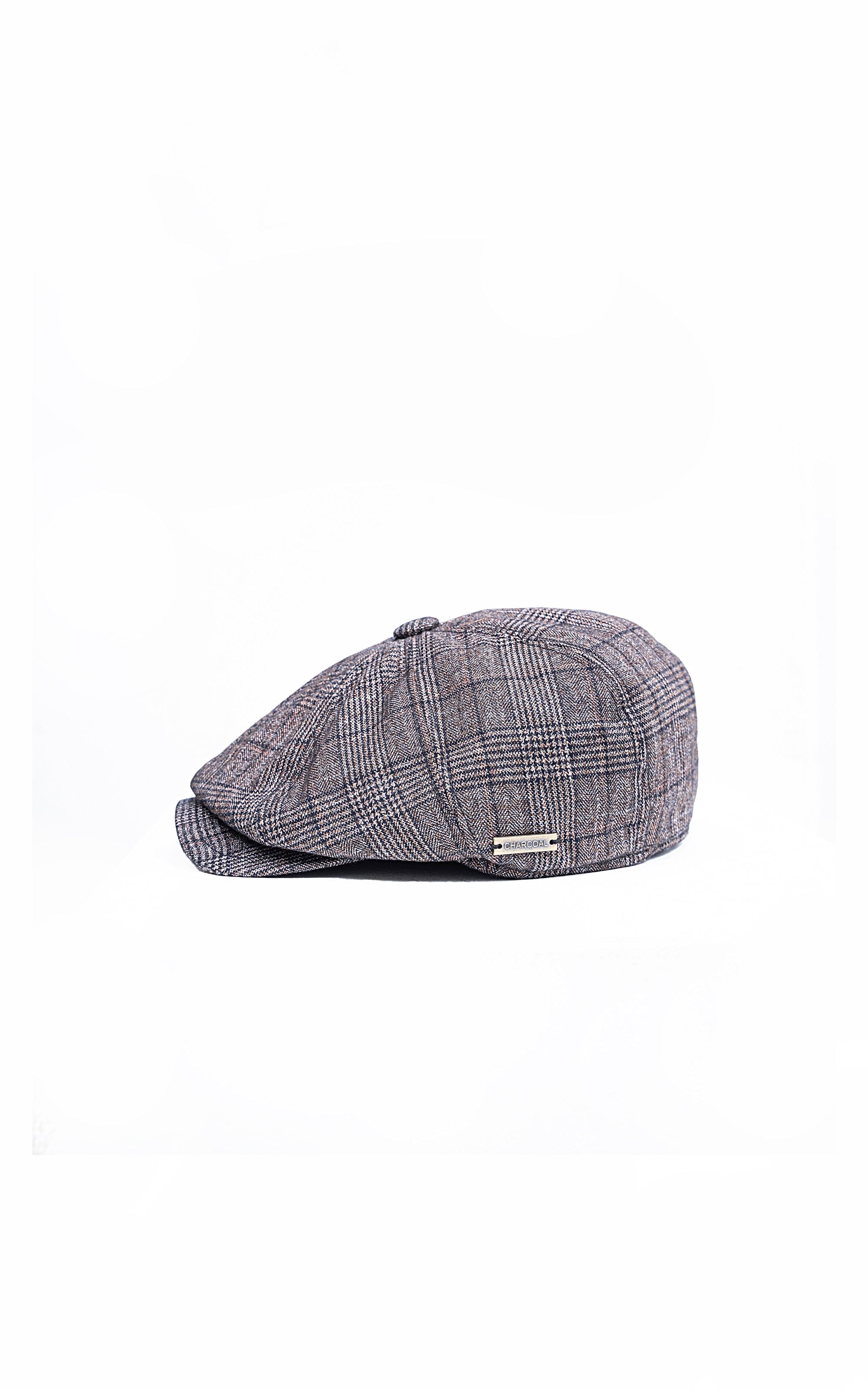 Gray plaid golf cap with small front tag and curved brim