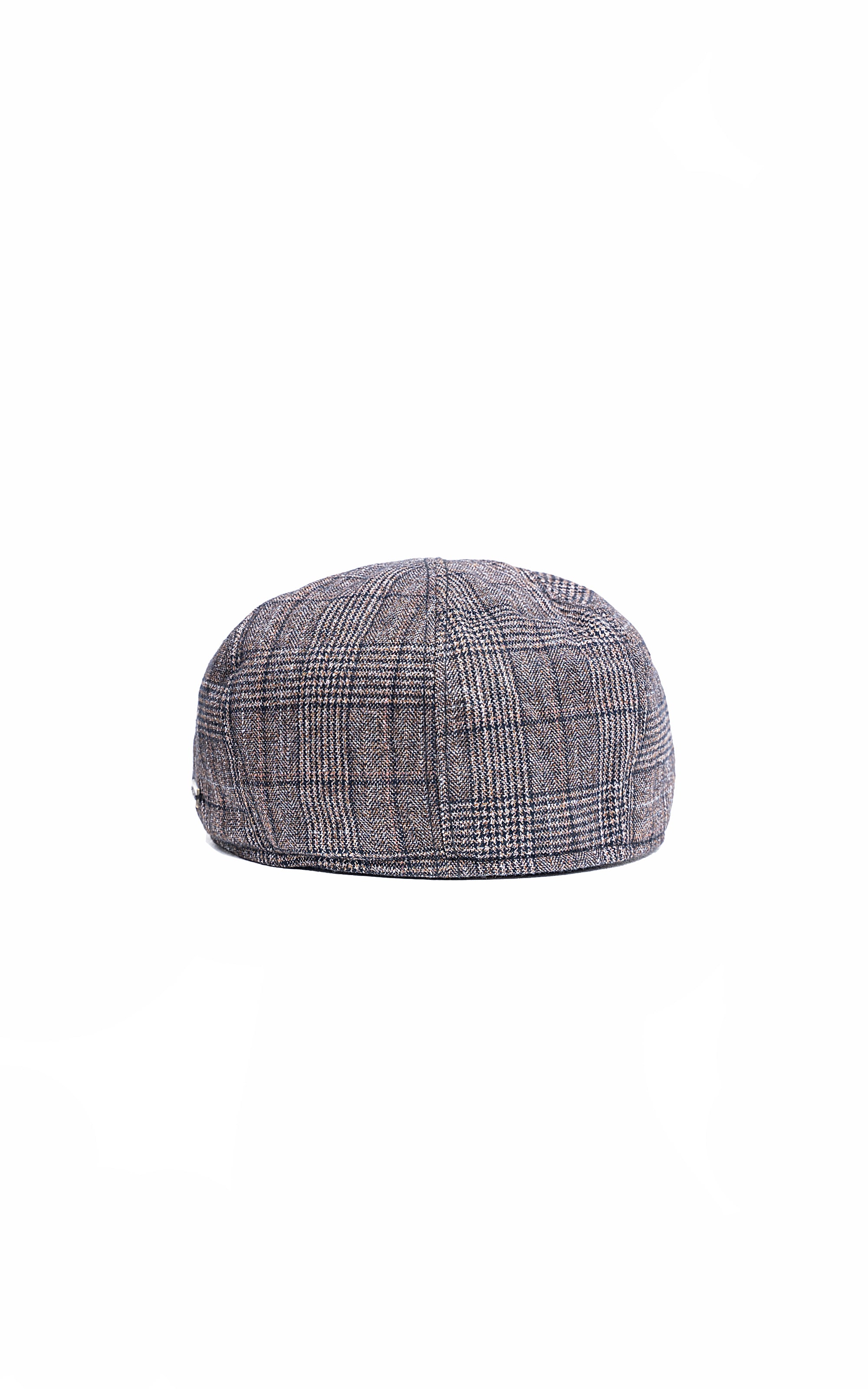 Gray plaid golf cap with domed crown and curved brim
