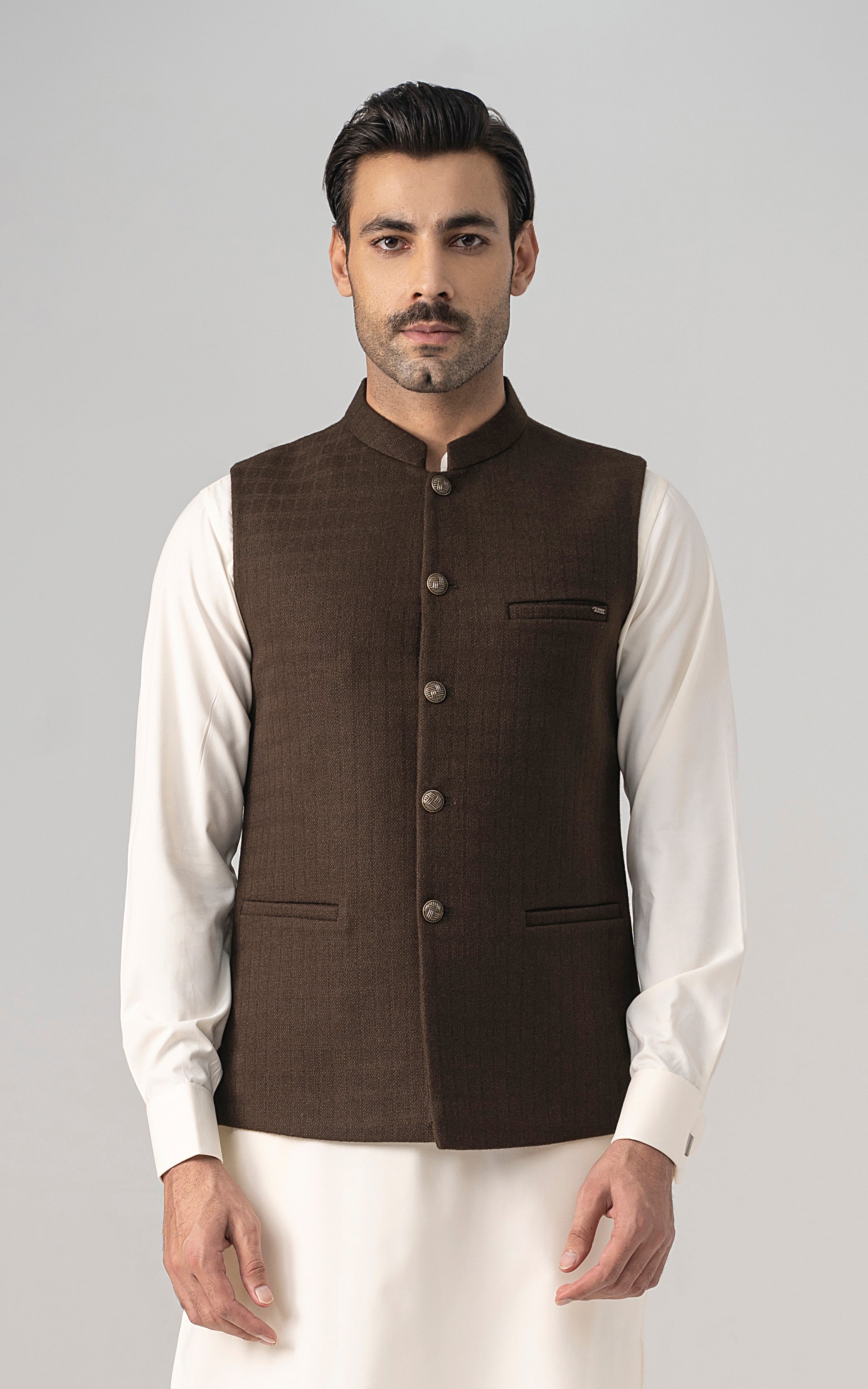 TEXTURED WOOL BLENDED WAISTCOAT - SIGNATURE COLLECTION MID BROWN
